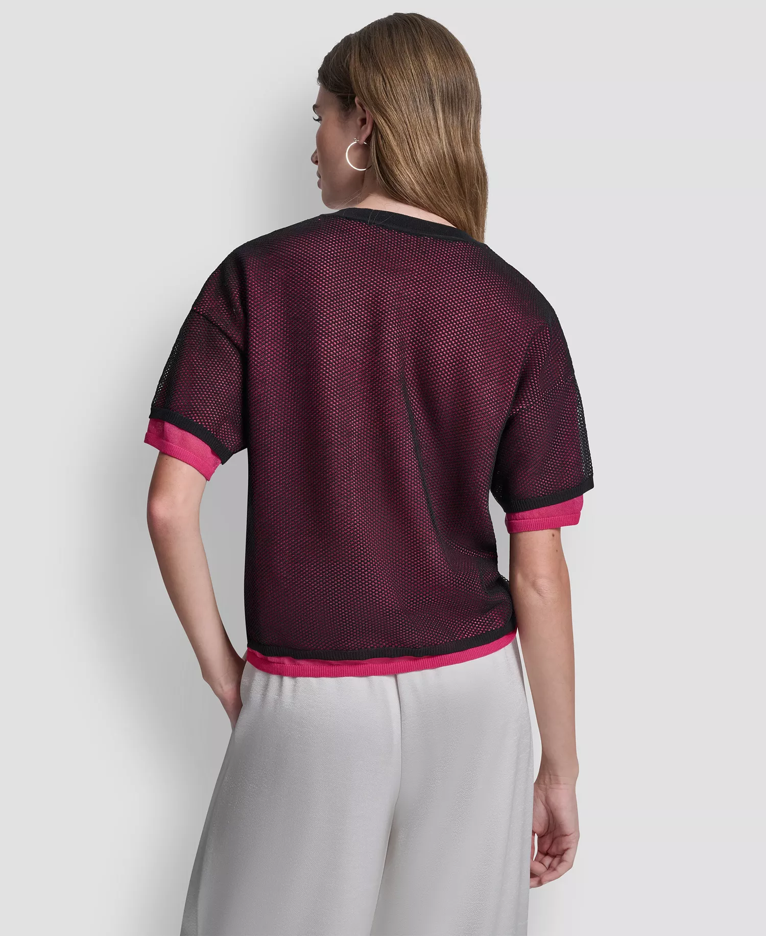 Women's Short-Sleeve Boxy 2-Layer Mesh Sweater - Black/hot Pink - L
