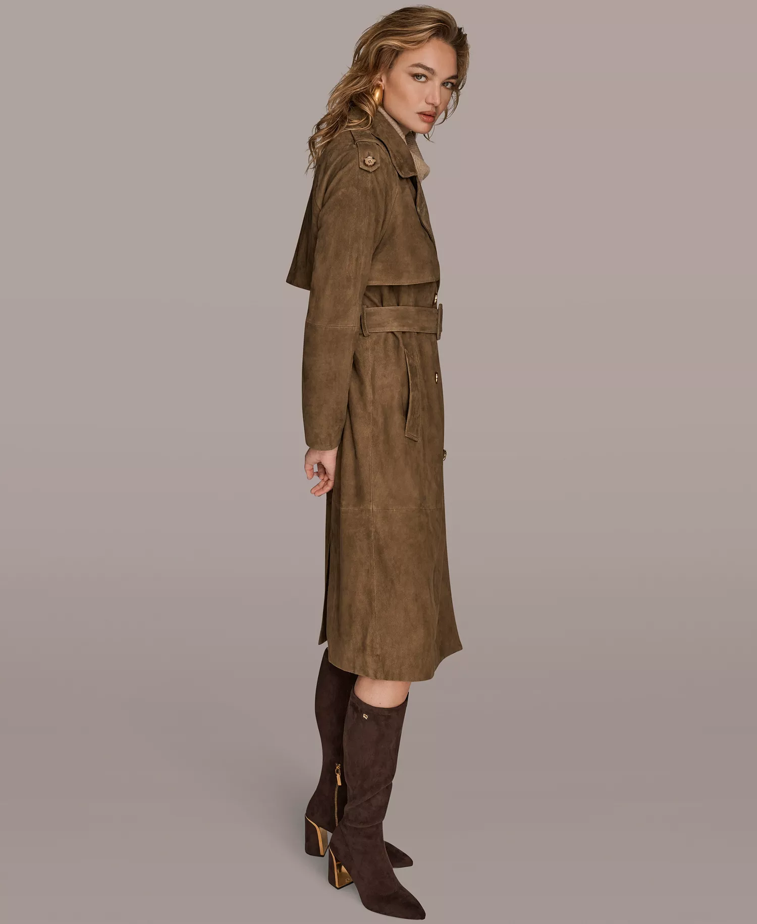 Women's Double Breasted Belted Trench Coat - Brown - M