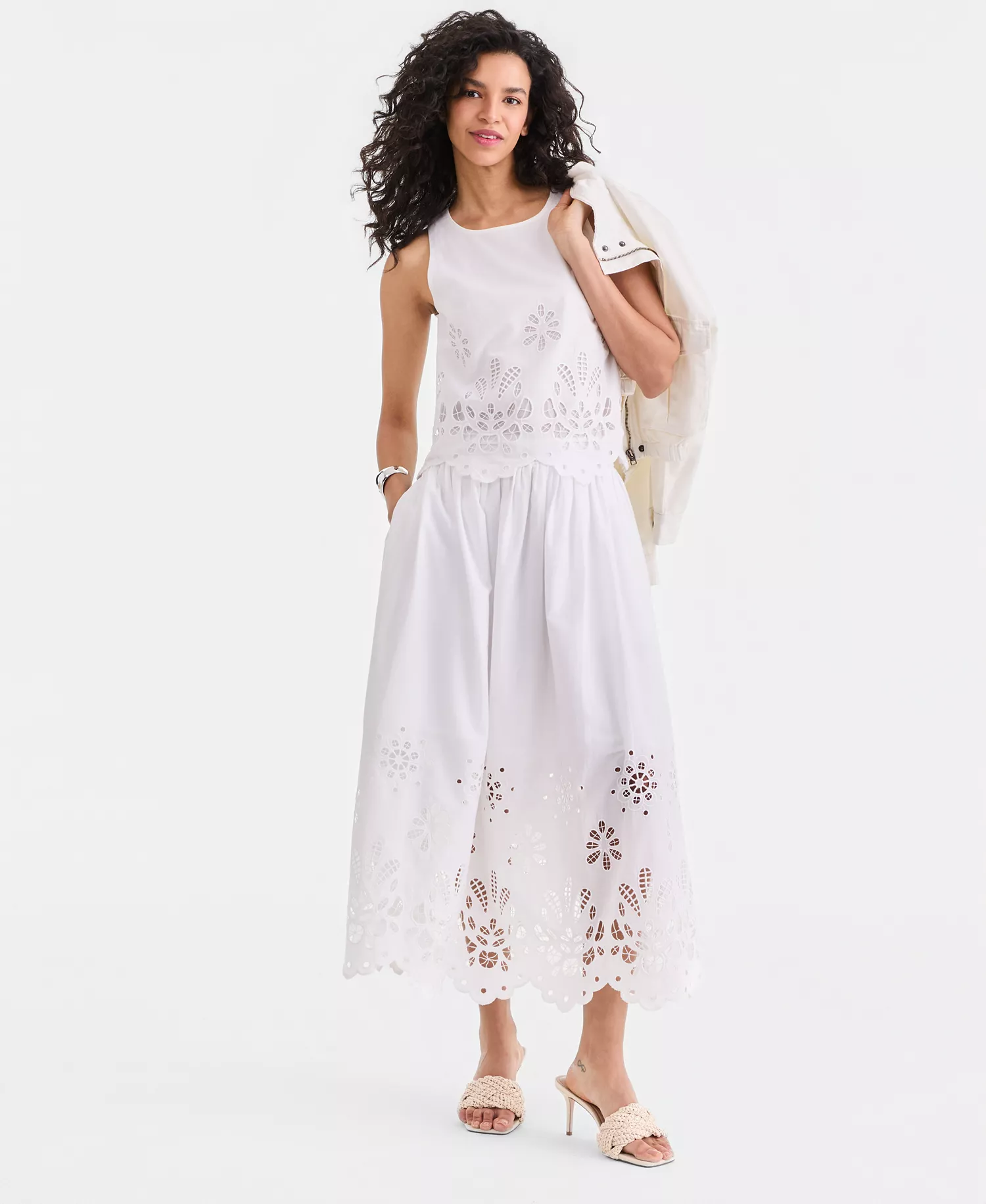 Women's Cotton Eyelet Lace Sleeveless Top, Macy's Exclusive - Bright White - L