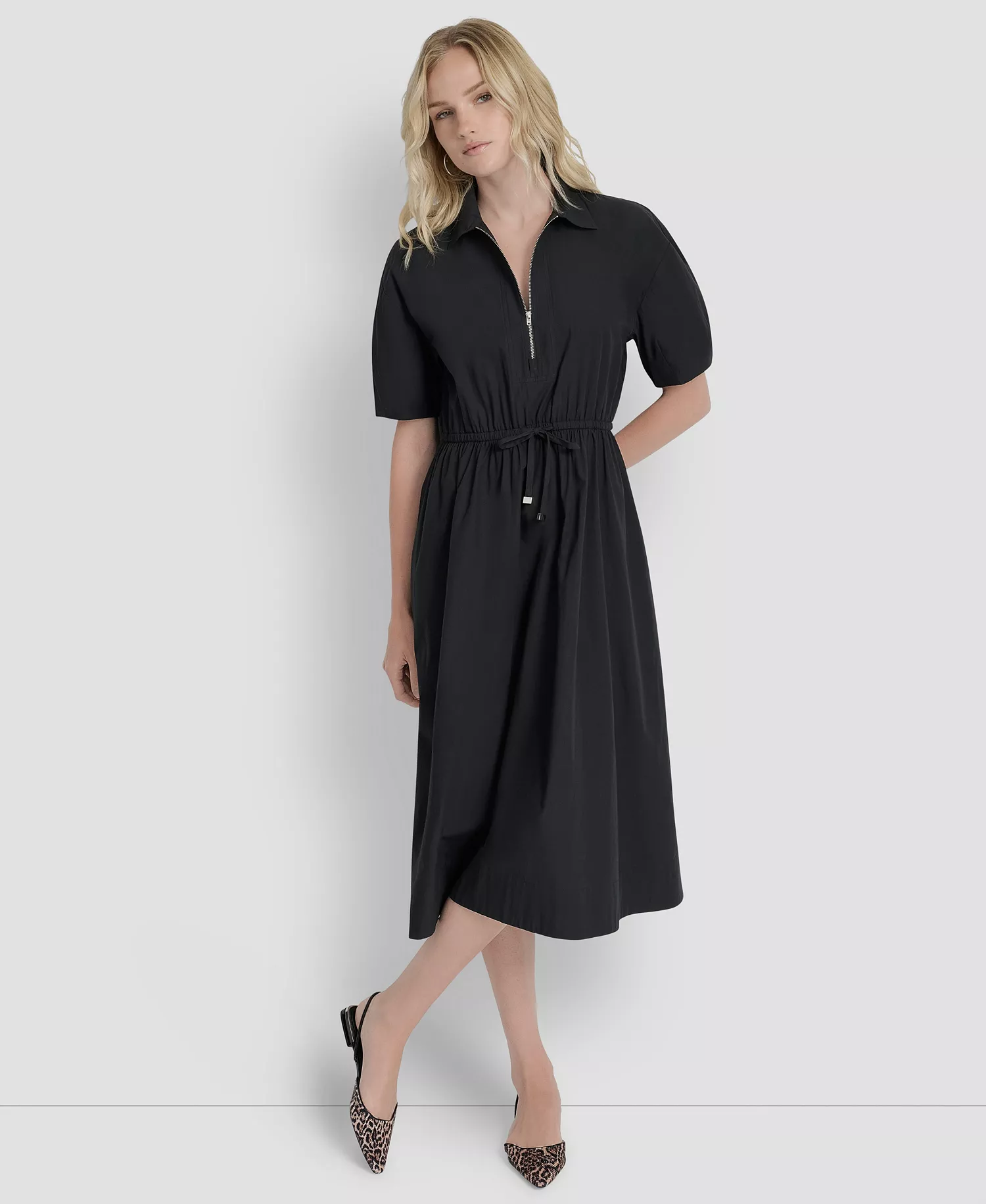 Women's Short-Sleeve Collar Zip Neck Midi Dress - Black - 10