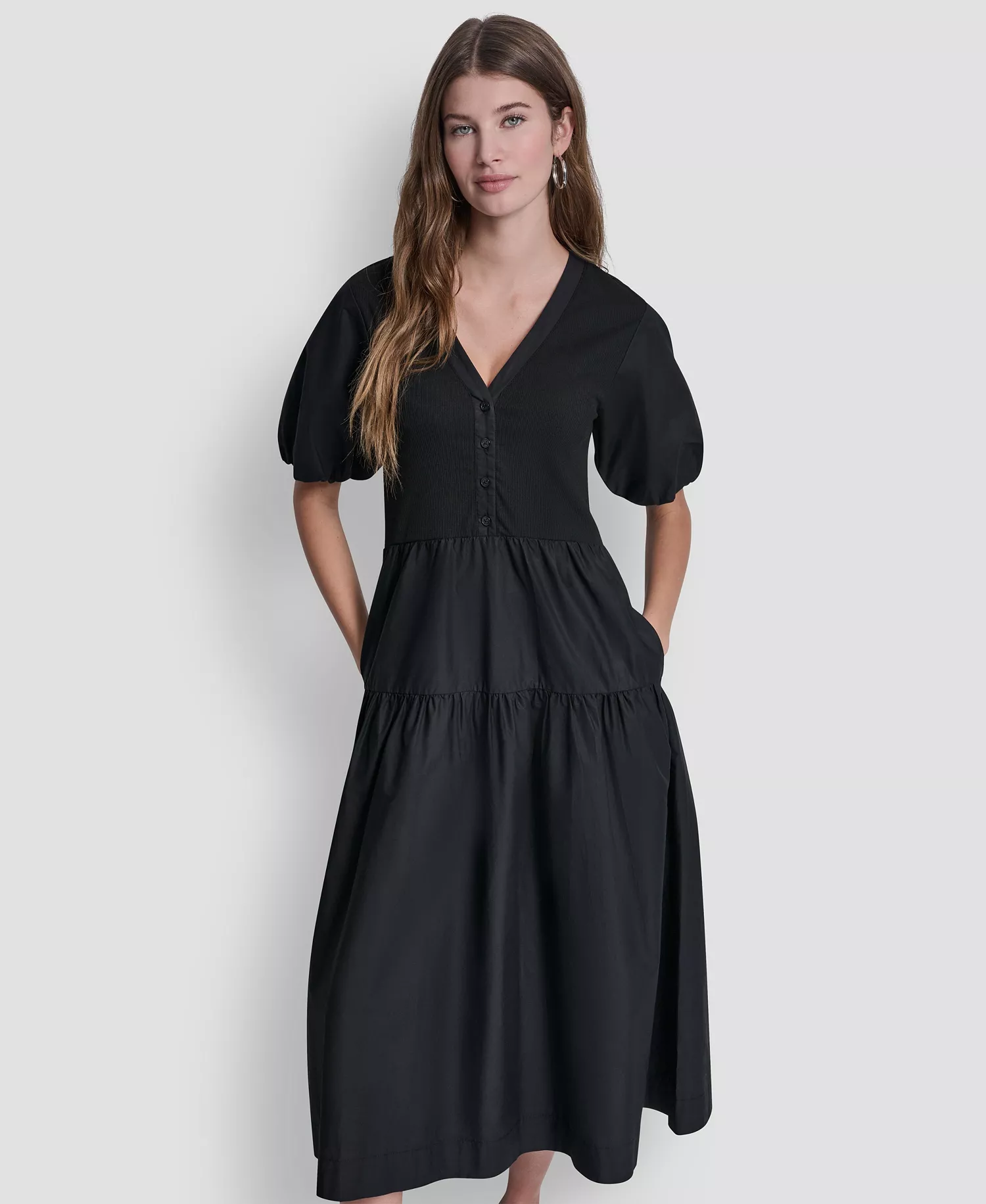 Women's Rib Henley Puff-Sleeve Midi Dress - Black - L