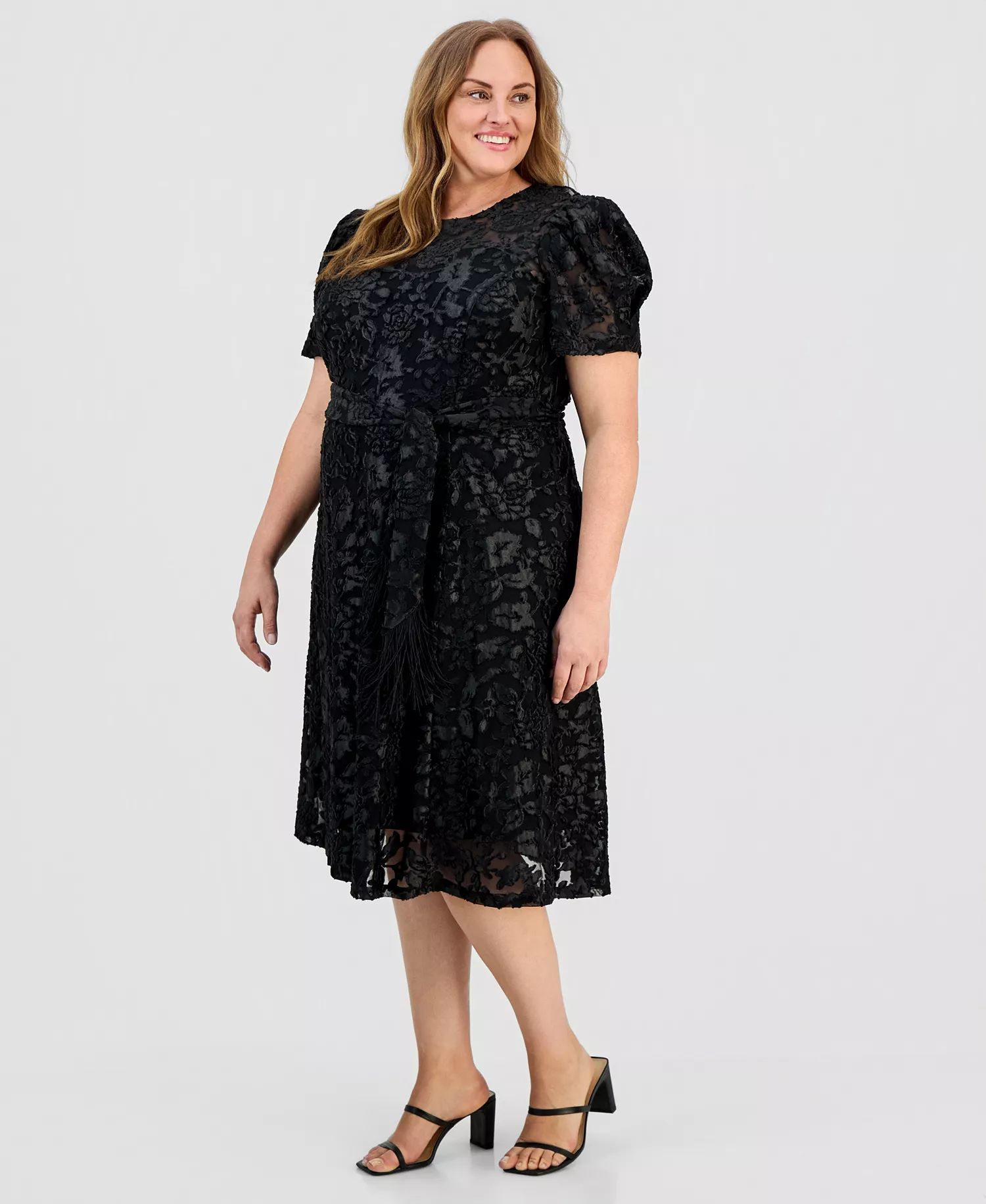 Plus Size Puff-Sleeve Burnout Midi Dress - Black - 14W