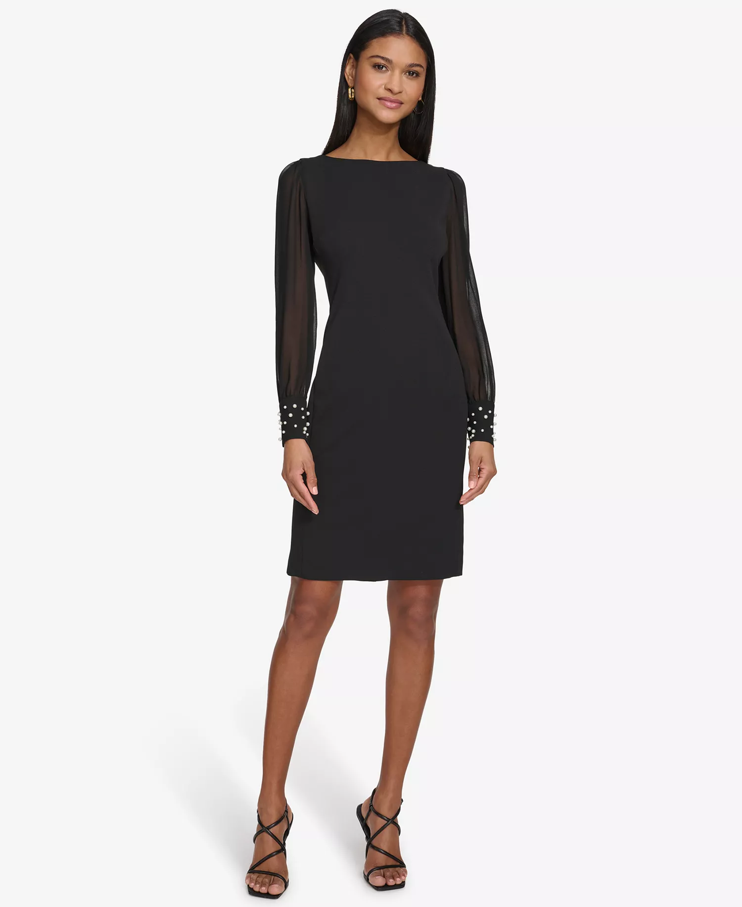 Women's Illusion-Sleeve Beaded-Cuff Dress - Black - 6