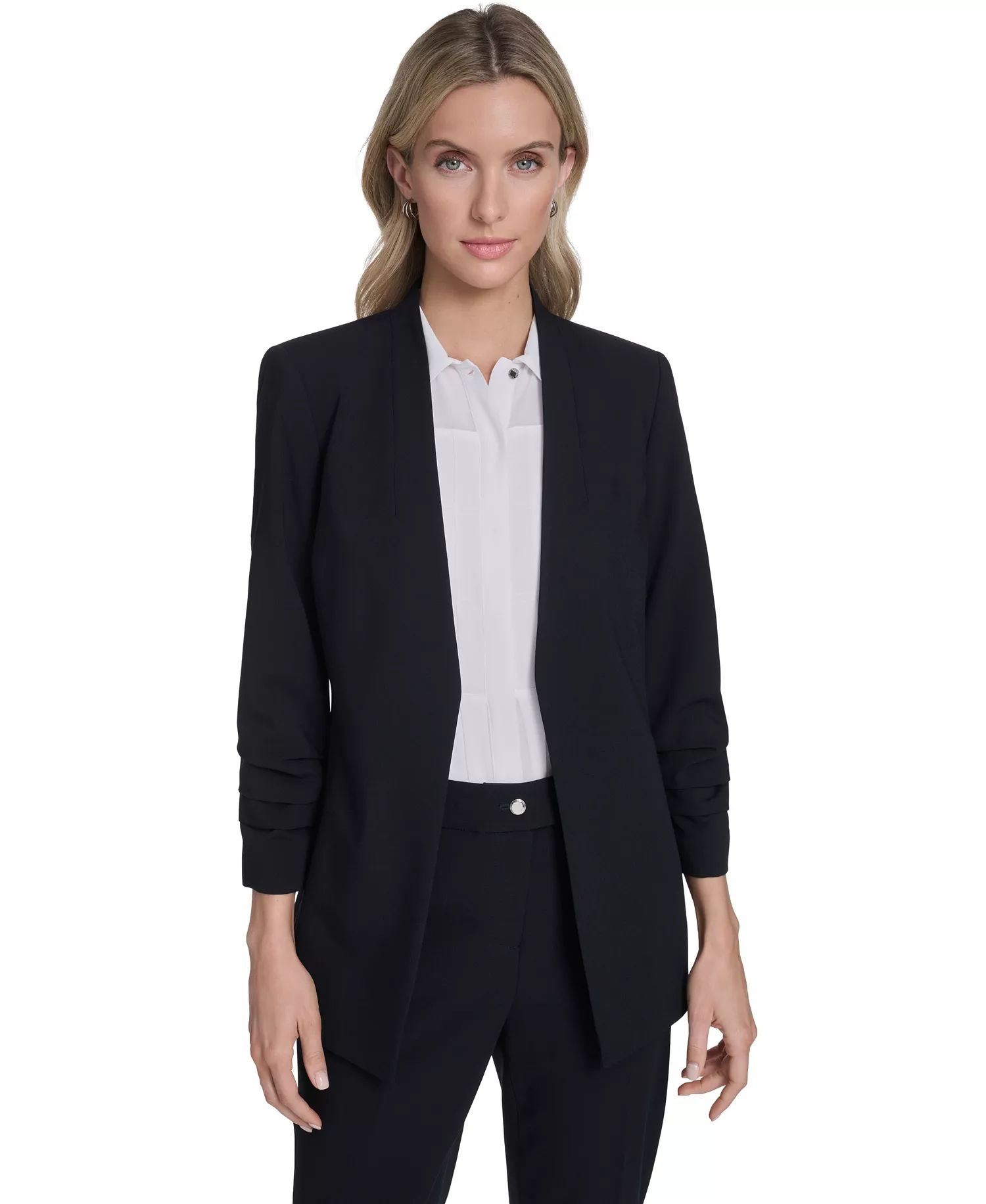 Women's Sleeveless Collared Blouse with Pleated Front, Open from Ruched Sleeve Jacket, and Slim Leg Pant - Navy - 10
