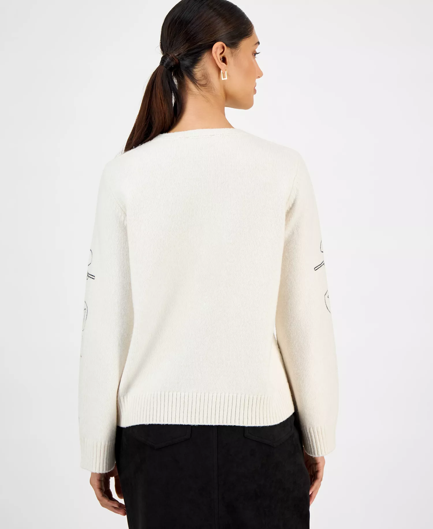 Women's Embroidered-Sleeve Crewneck Sweater - Cream/black - XL