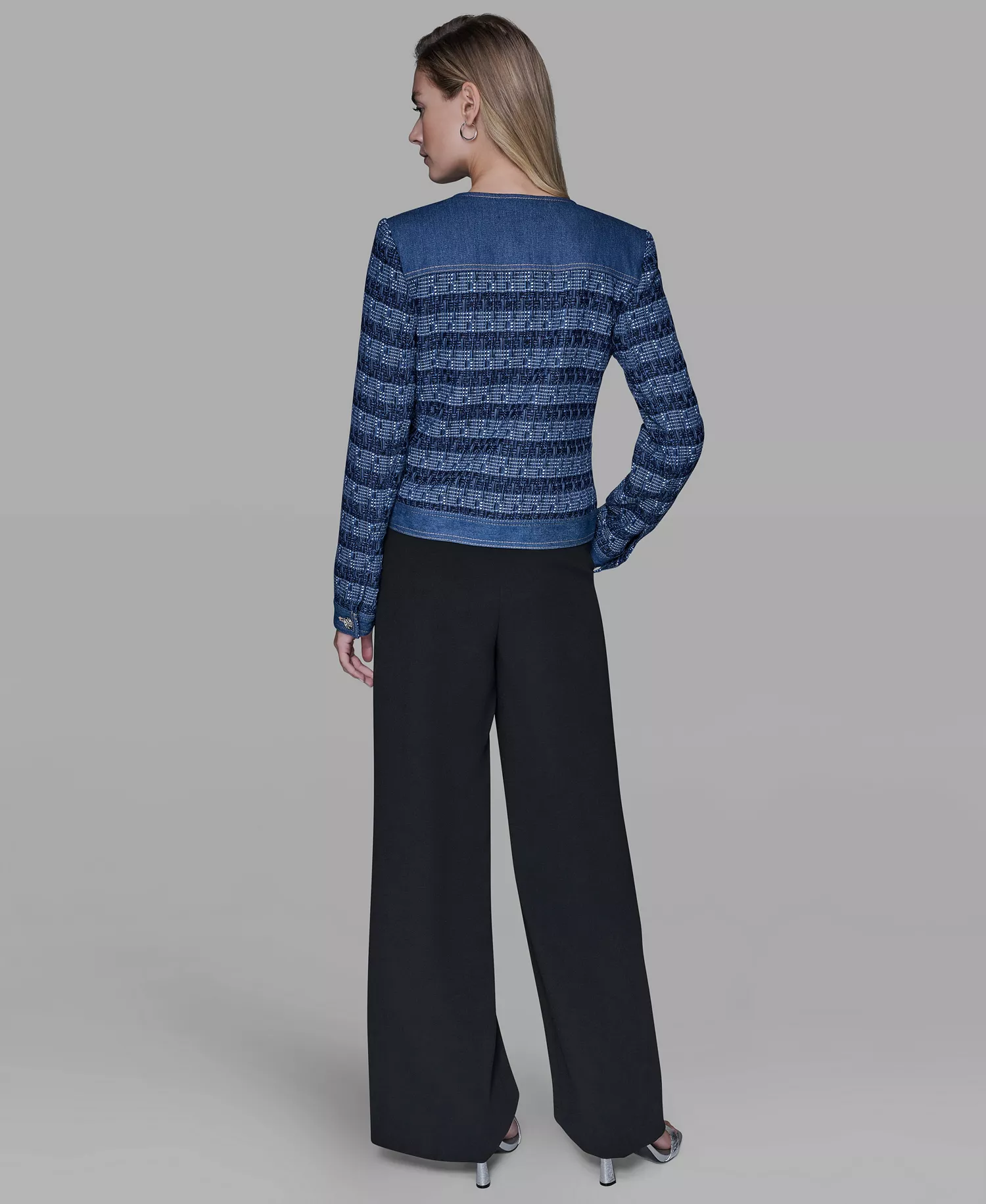 Women's Crewneck Tweed and Denim Jacket - Blue Aura/french Blue Multi - L