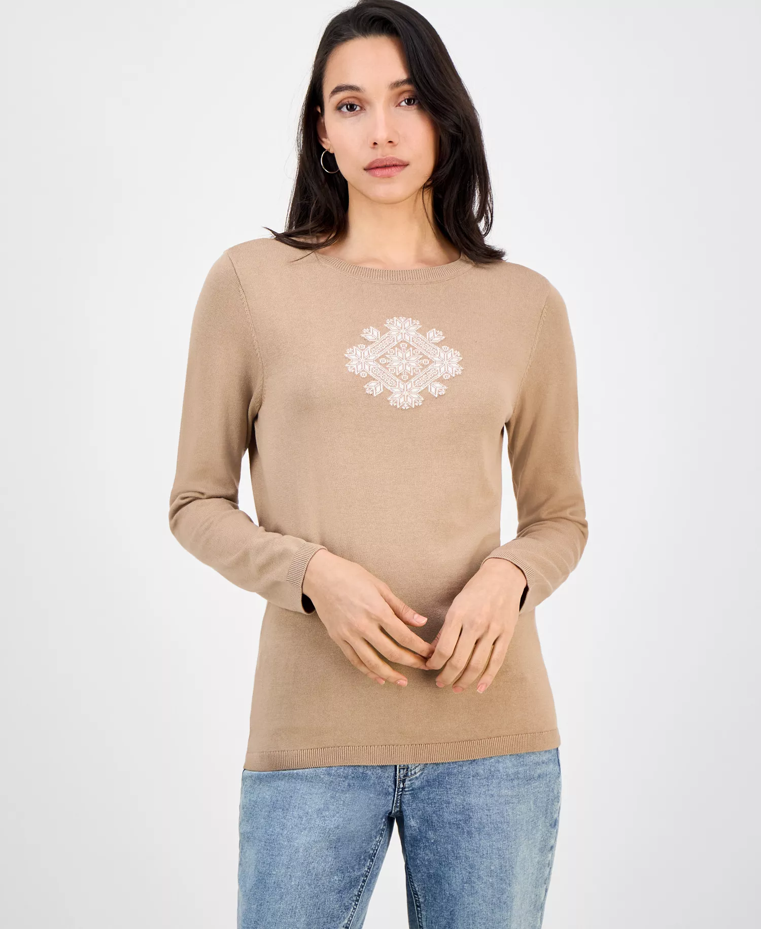 Nautica Women's Cotton Snowflake Sweater - Camel/ Ivory - L