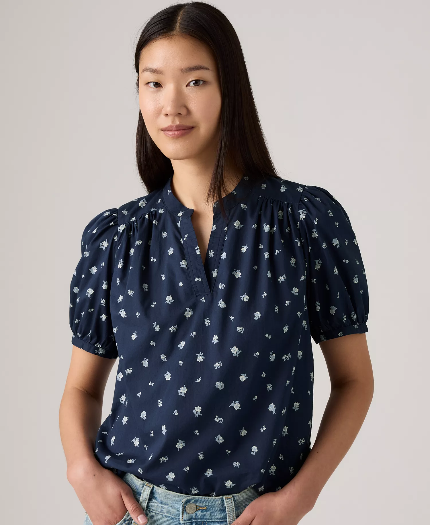 Women's Amelie Cotton Poplin Blouse - Deirdre Ditsy Floral V3 Peacoat - XL