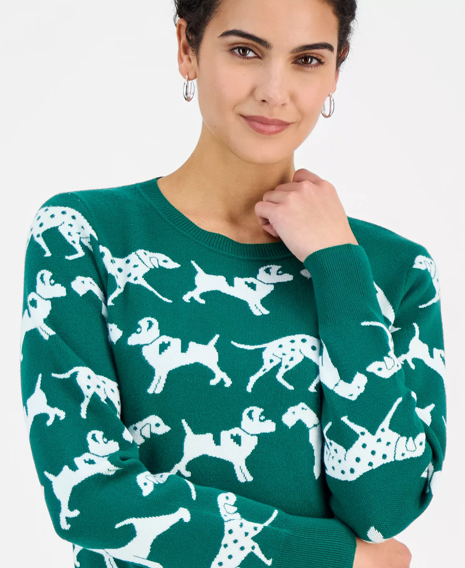 Women's Dog Jacquard Crewneck Sweater - Green Leaf - L