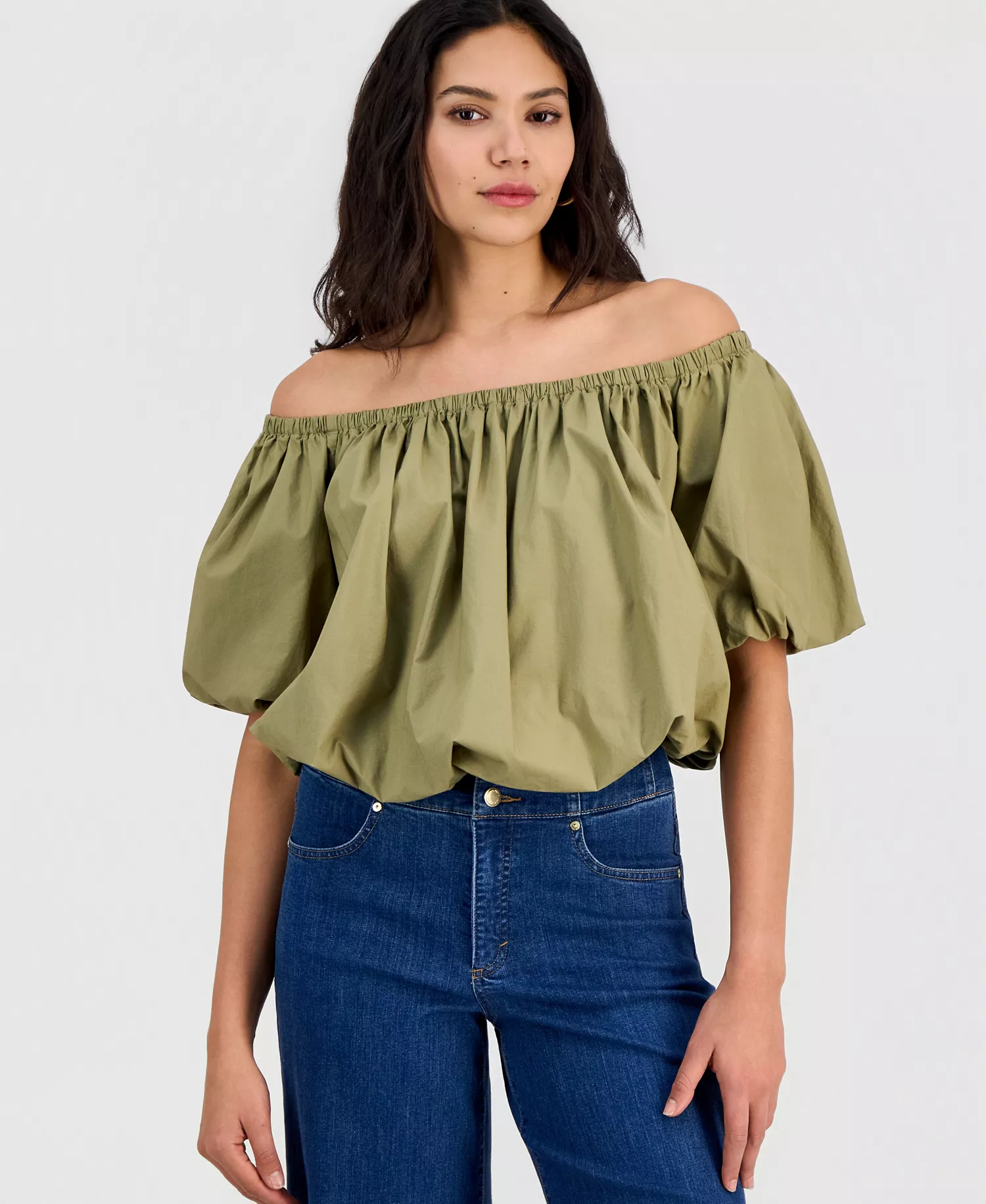 Women's Cotton Off-The-Shoulder Bubble-Hem Blouse, Macy's Exclusive - Dried Herb - L