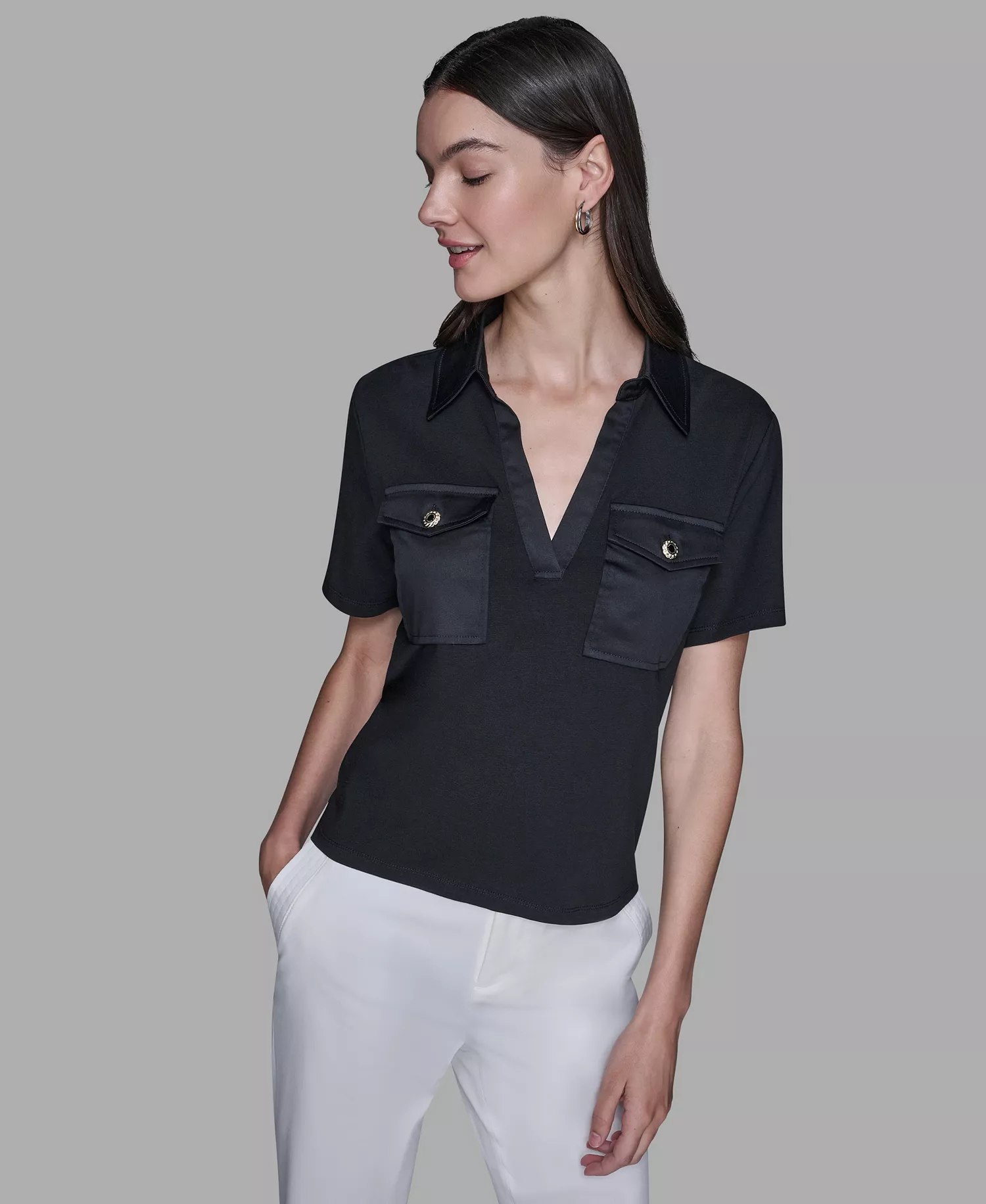 Women's Short-Sleeve Collared Polo Top - Black - L