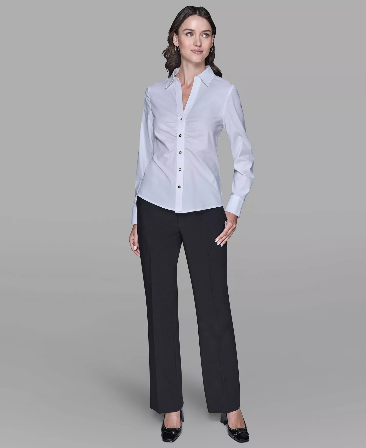 Women's Cinched Waist Collared Top - Soft White - L