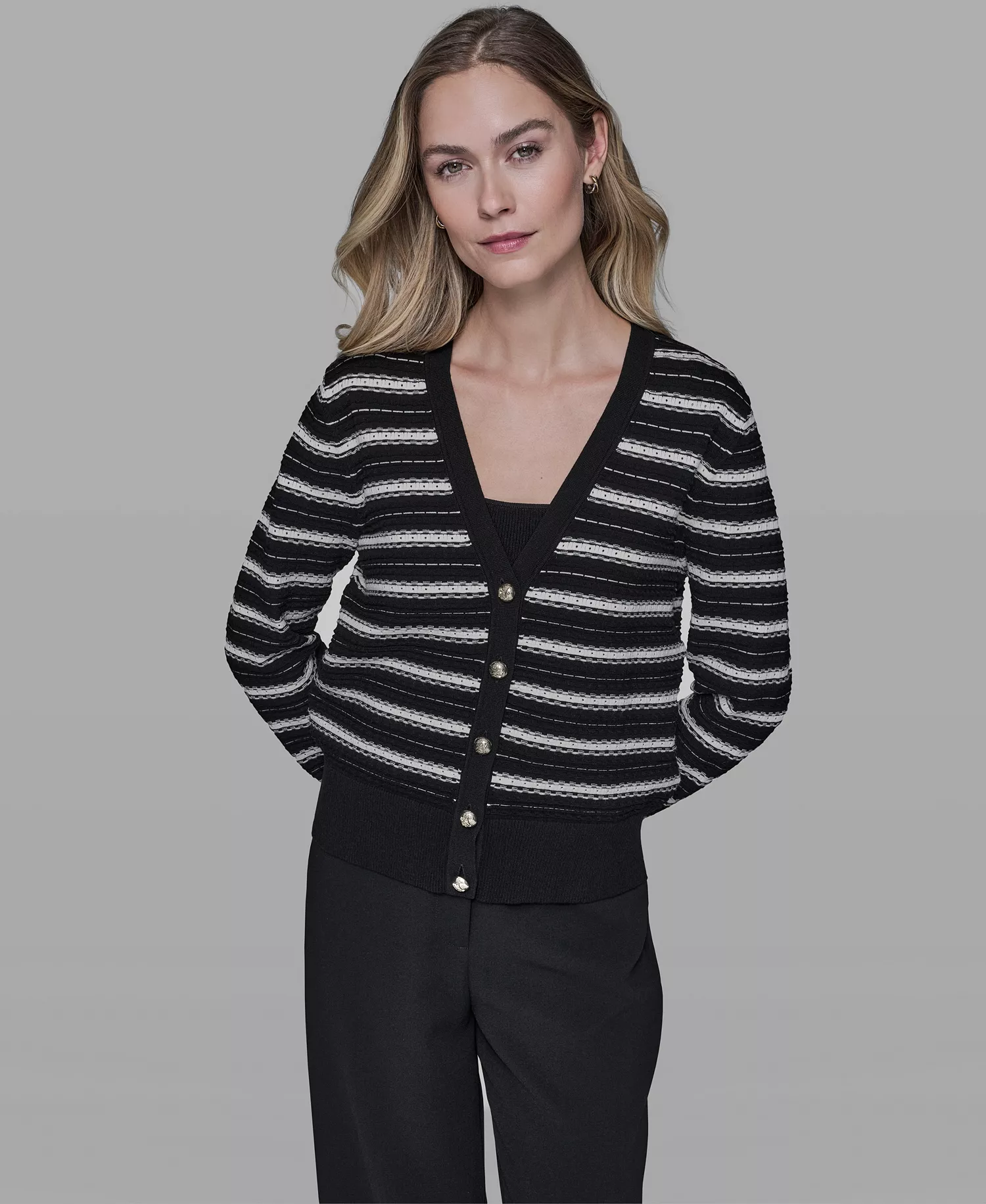 Women's Pointelle Stripe V-Neck Cardigan Sweater - Black/Bisque - L