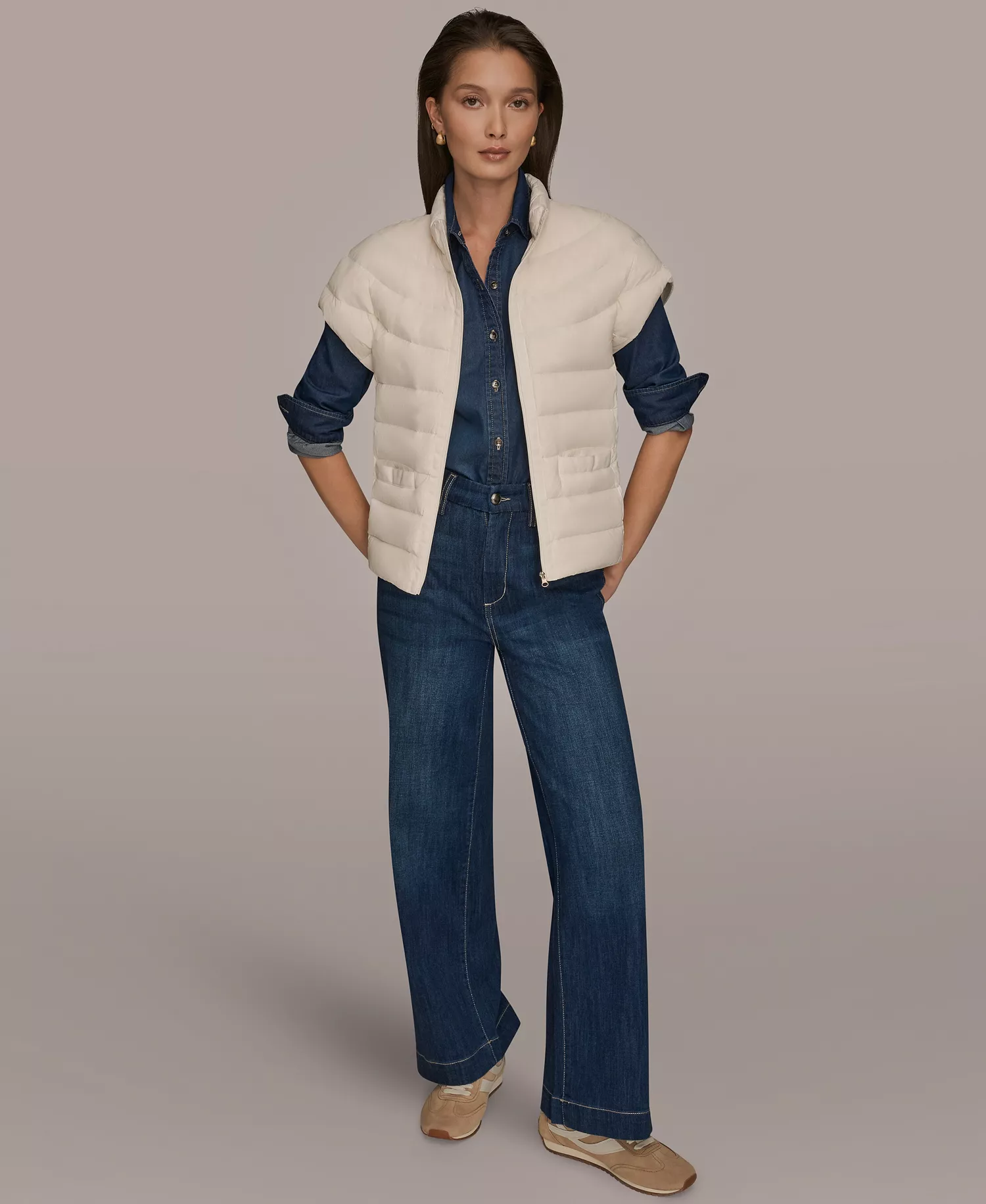 Women's Down Fill Packable Cap Sleeve Jacket with Sweater Knit Back - Cream - L