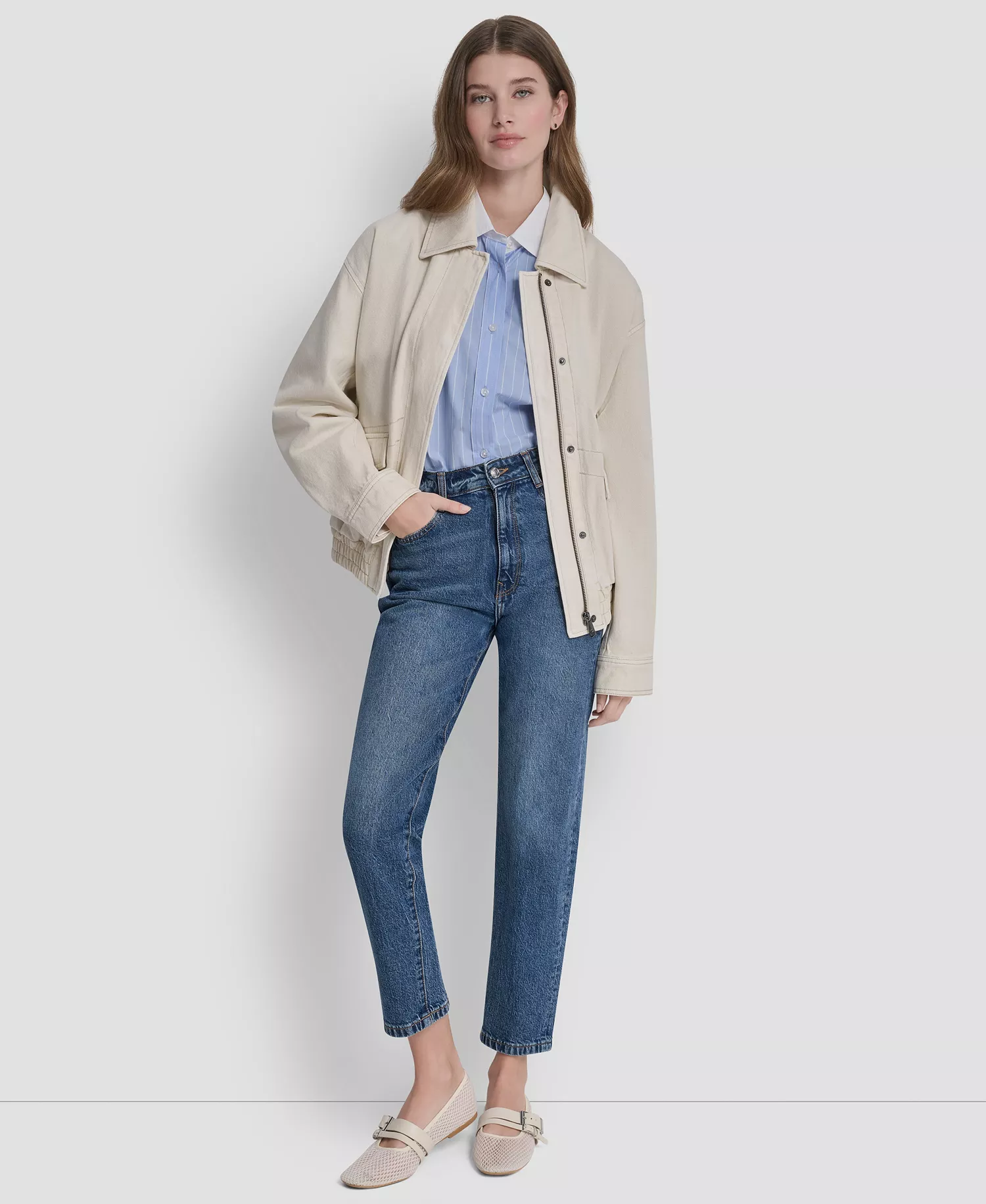 Women's Denim Bomber Coat - Parchment - L