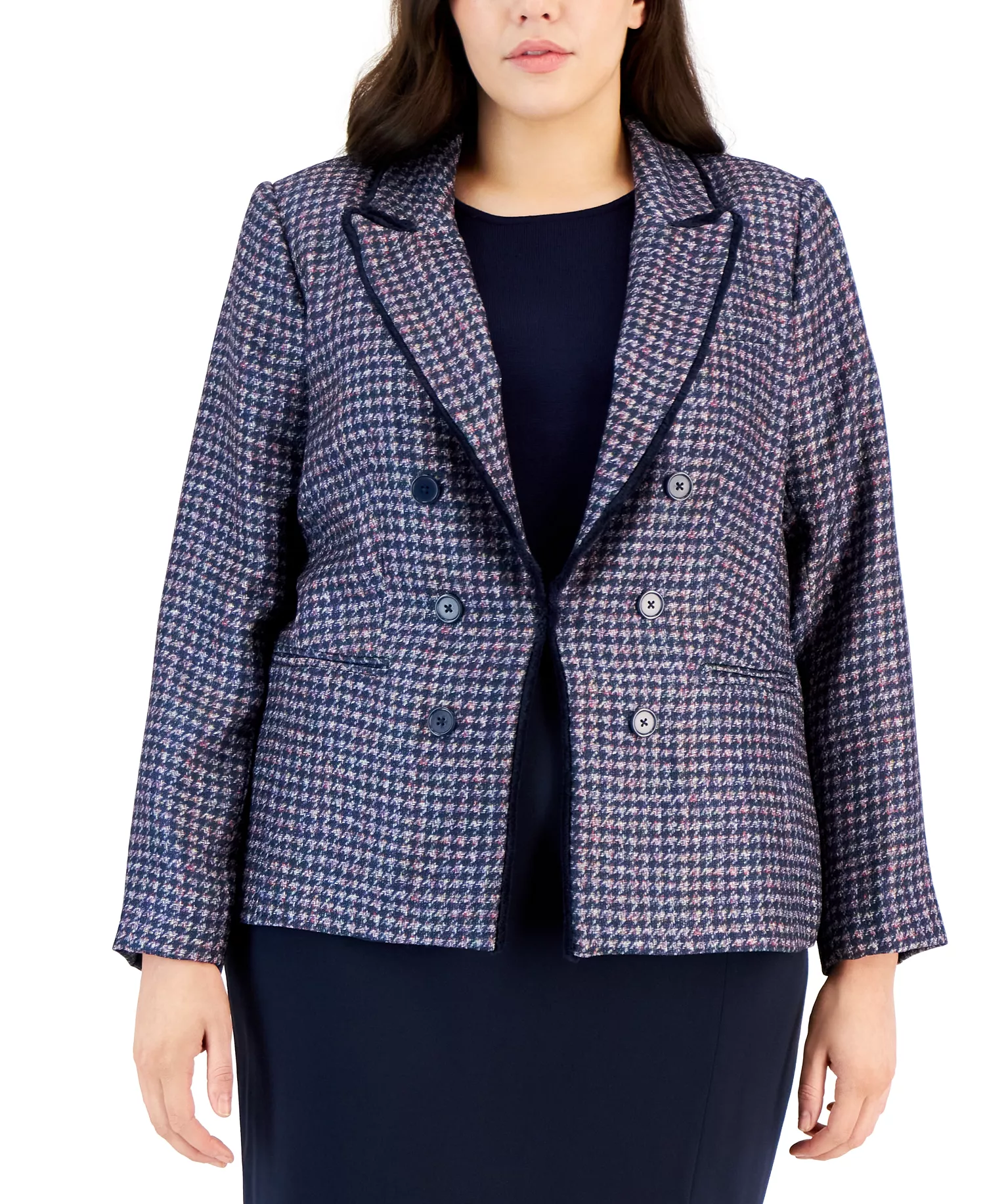 Plus Size Faux-Double-Breasted Blazer  - Navy/Pink - 14W