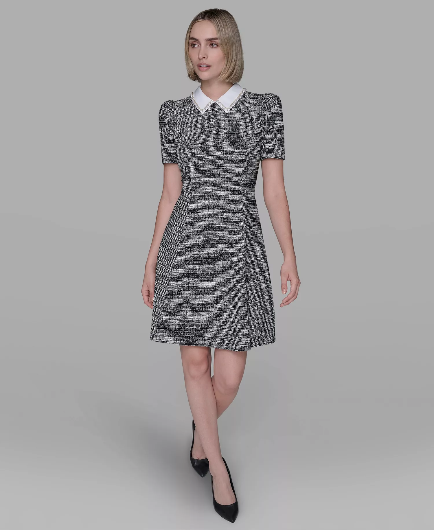 Women's Collared Tweed A-Line Dress - Soft White/Black - 10