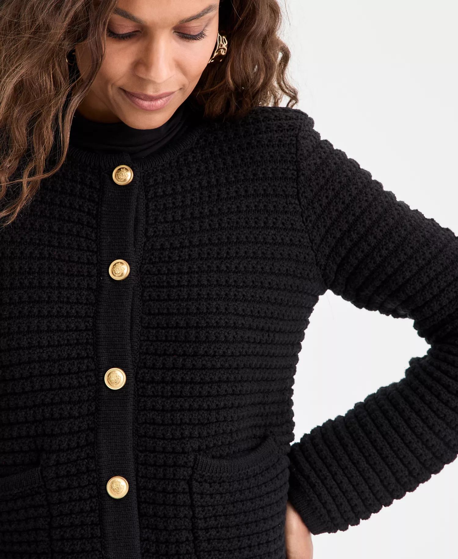 Petite Yarn-Blend Button-Down Cardigan Sweater, Created for Macy's - Deep Black - P/L