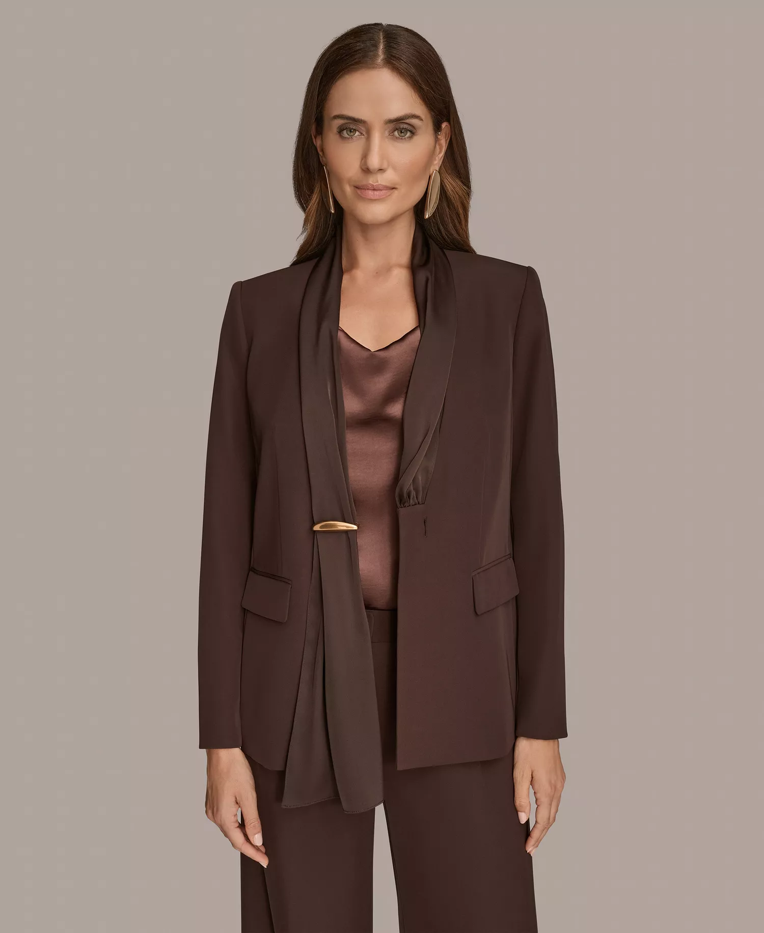 Womens Mixed Media Draped Neck Blazer, Regular & Petite - Chocolate Plum - 12P