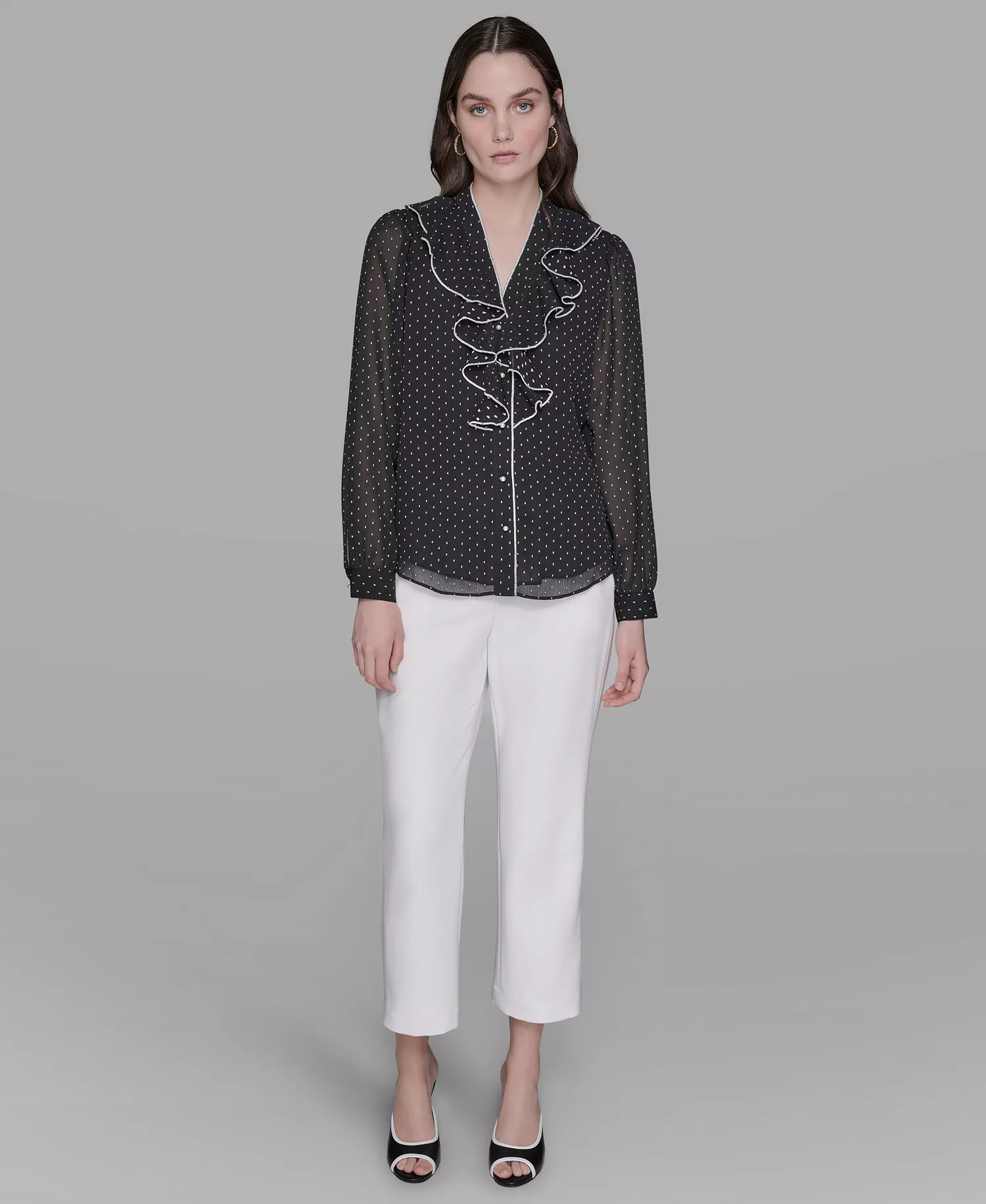 Women's Clip-Dot Ruffled Blouse Top - Black/soft White - L