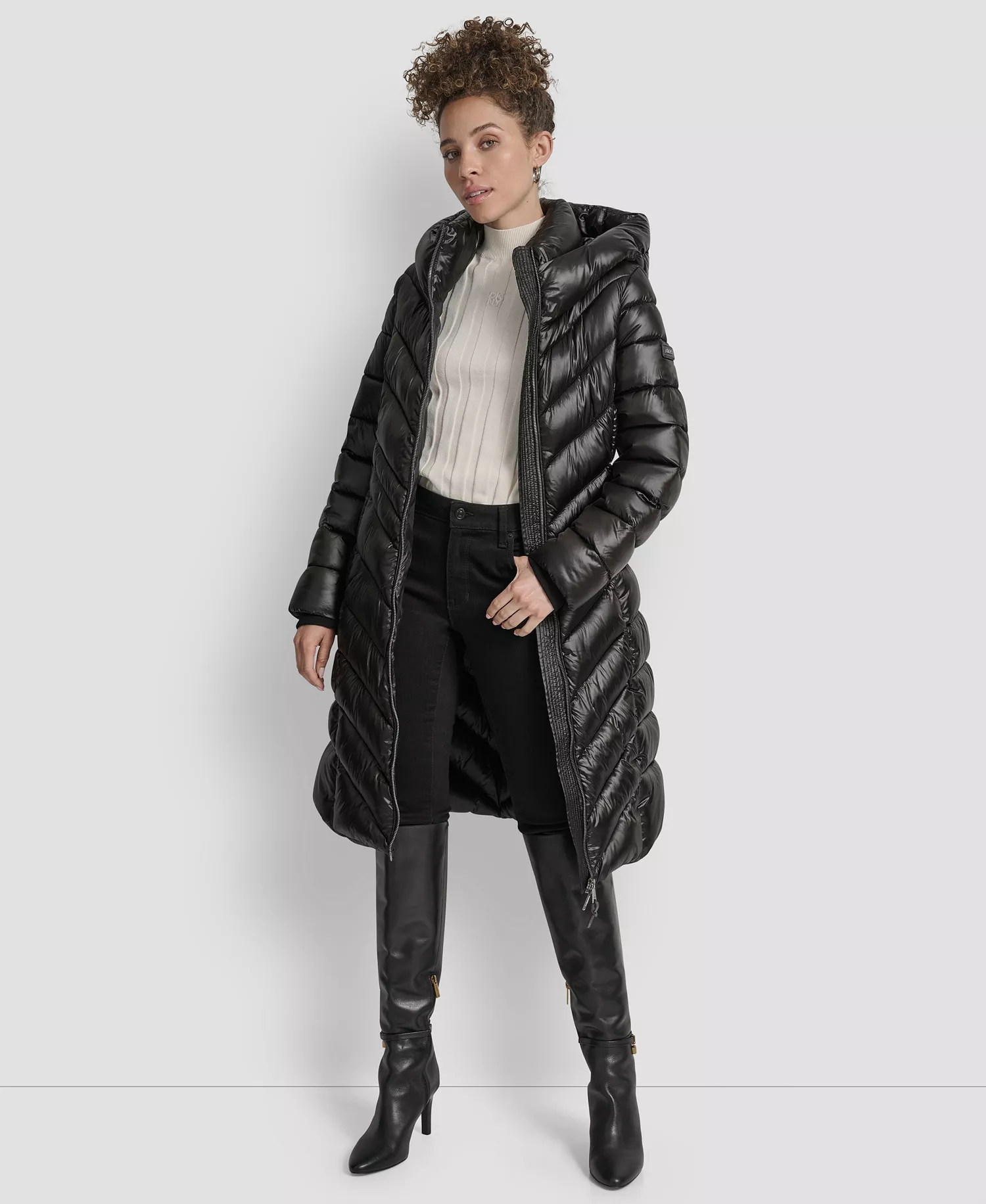 Women's Full-Zip Front Quilted Puffer Coat - Black - L
