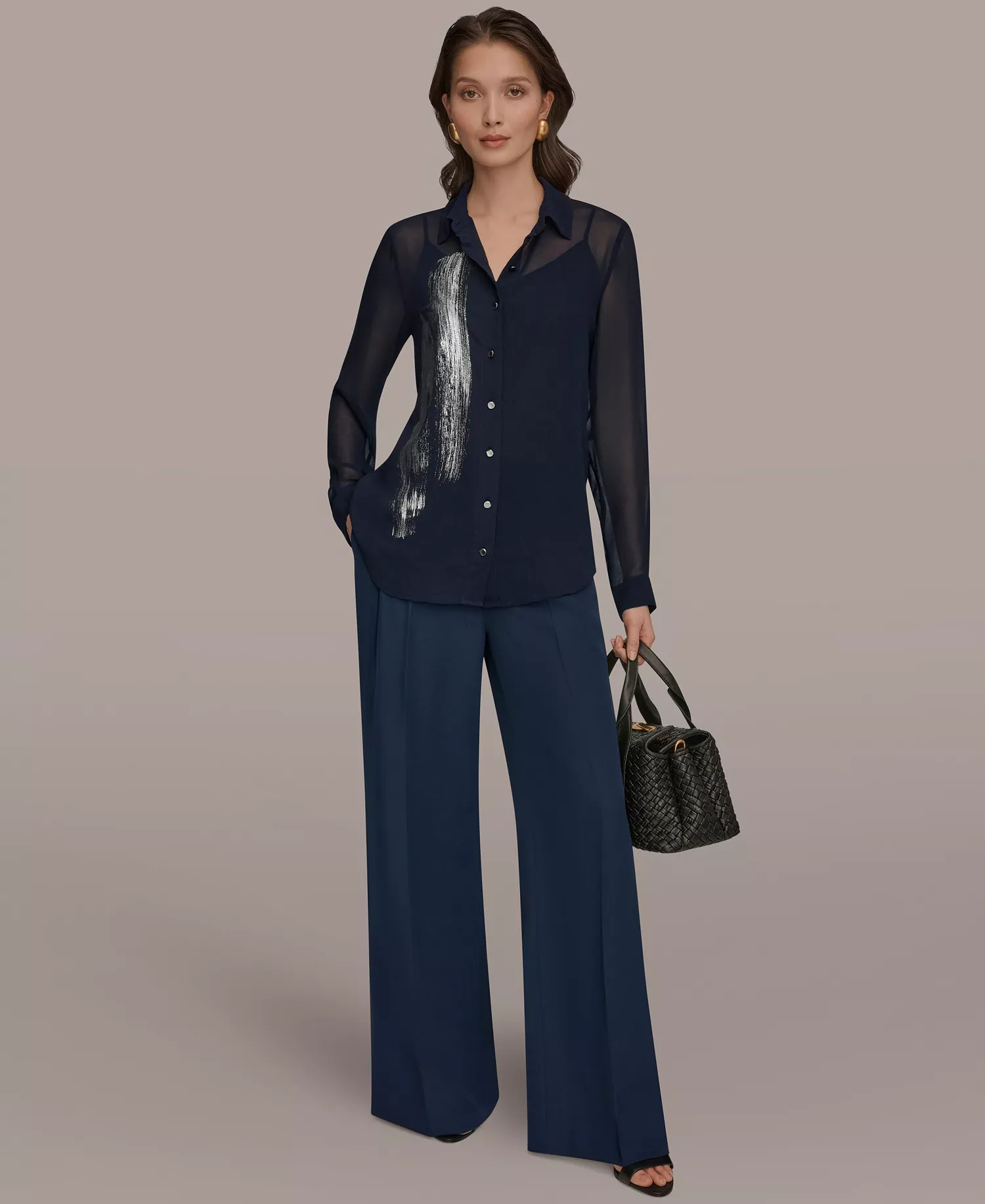 Women's Brush Stroke Button-Down Camisole Top, Regular & Petite - Nightfall/Gunmetal - L