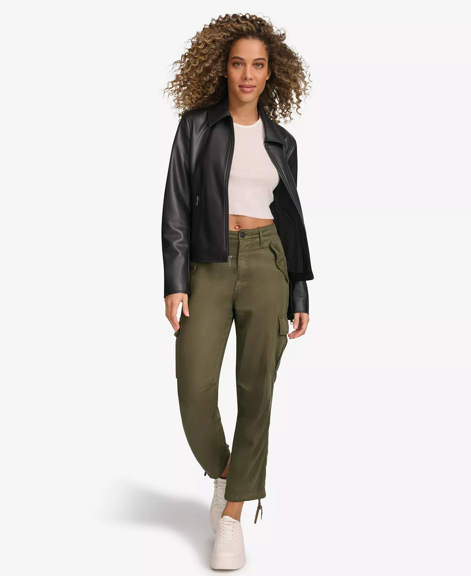 Women's Faux Leather Laydown Collar Jacket - Black - L