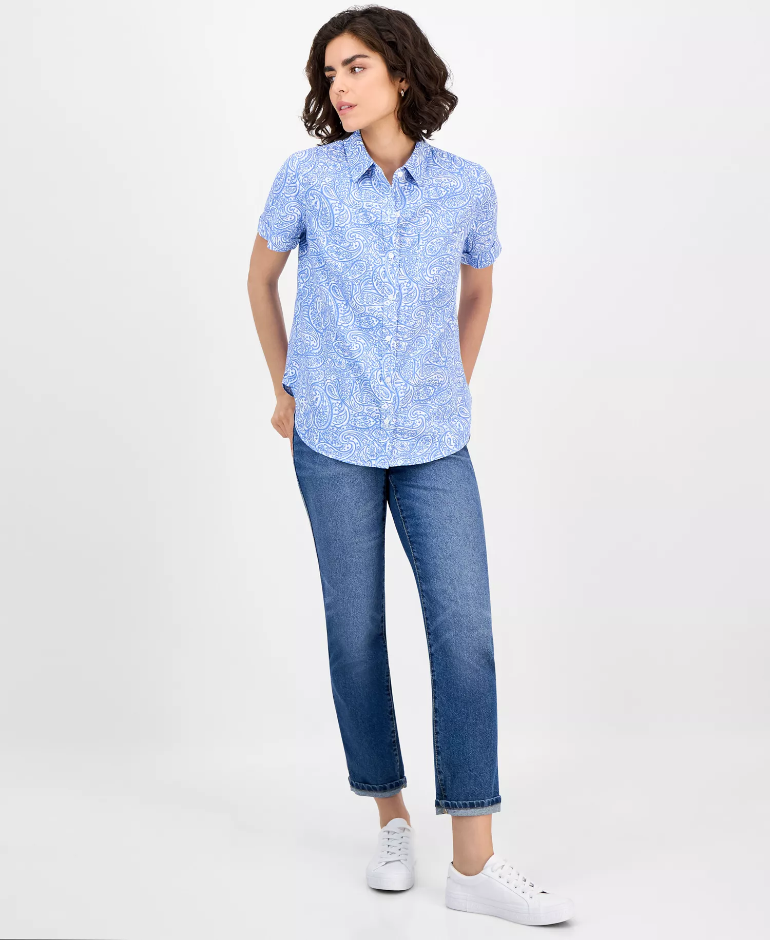 Nautica Women's Paisley Short-Sleeve Camp Shirt - Blue Haze Multi - L