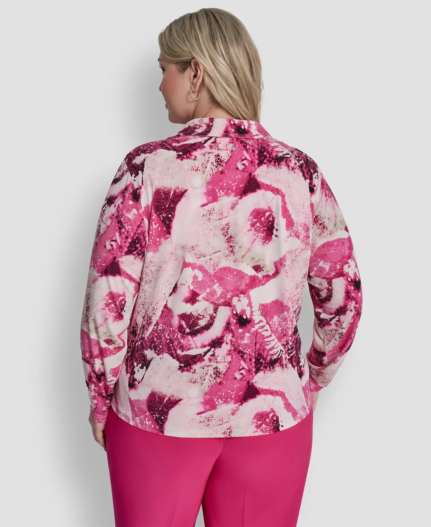 Plus Size Collared Long-Sleeve Top - Hot Pink/Pebble Multi - 1X