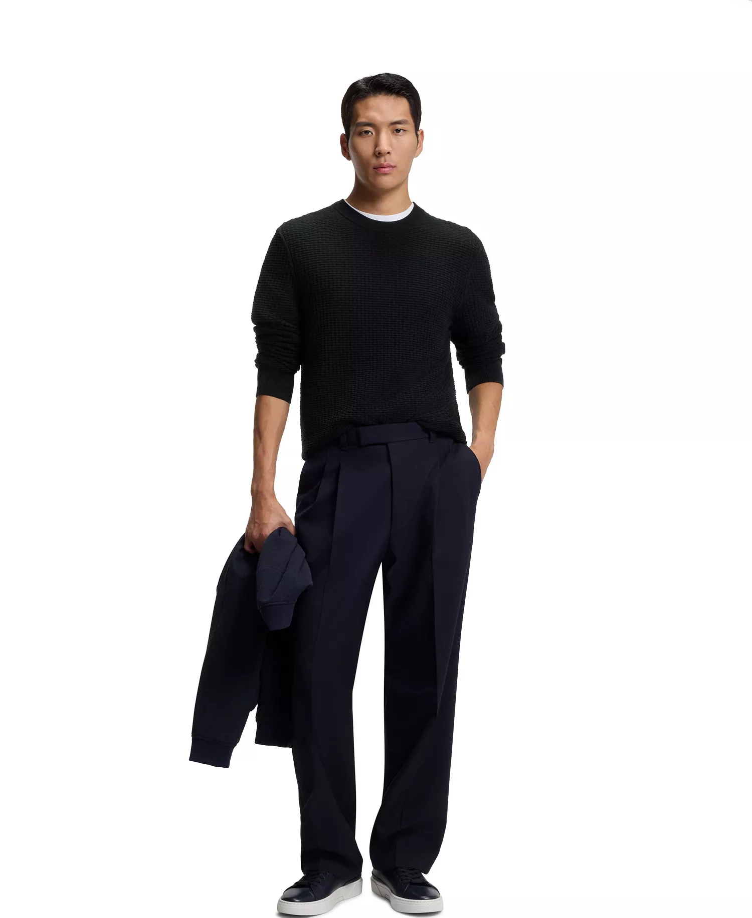 Men's Knitted Structure Cotton Sweater - Black - L