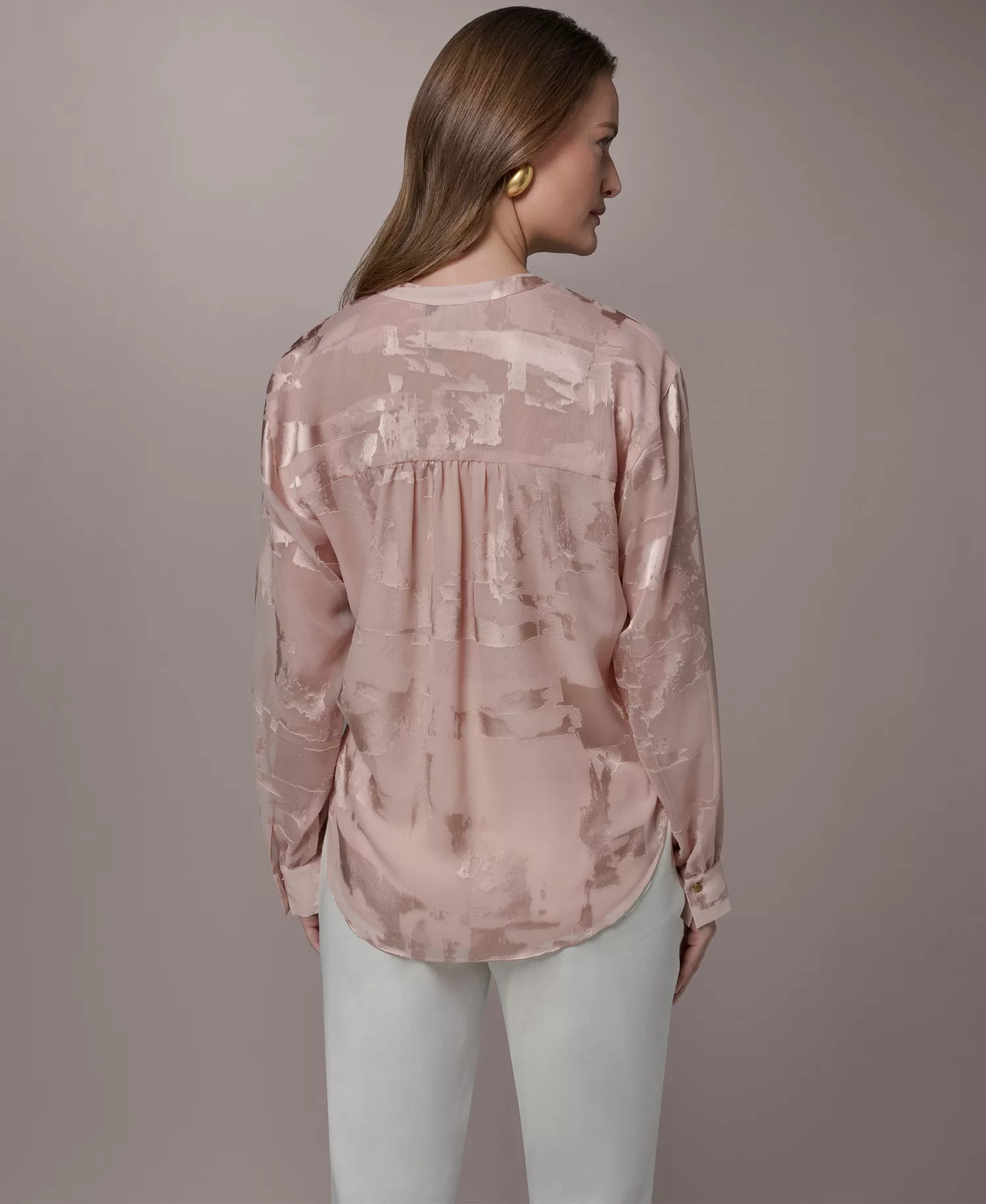 Women's Split V-Neck Long-Sleeve Top - Snow Petal - L