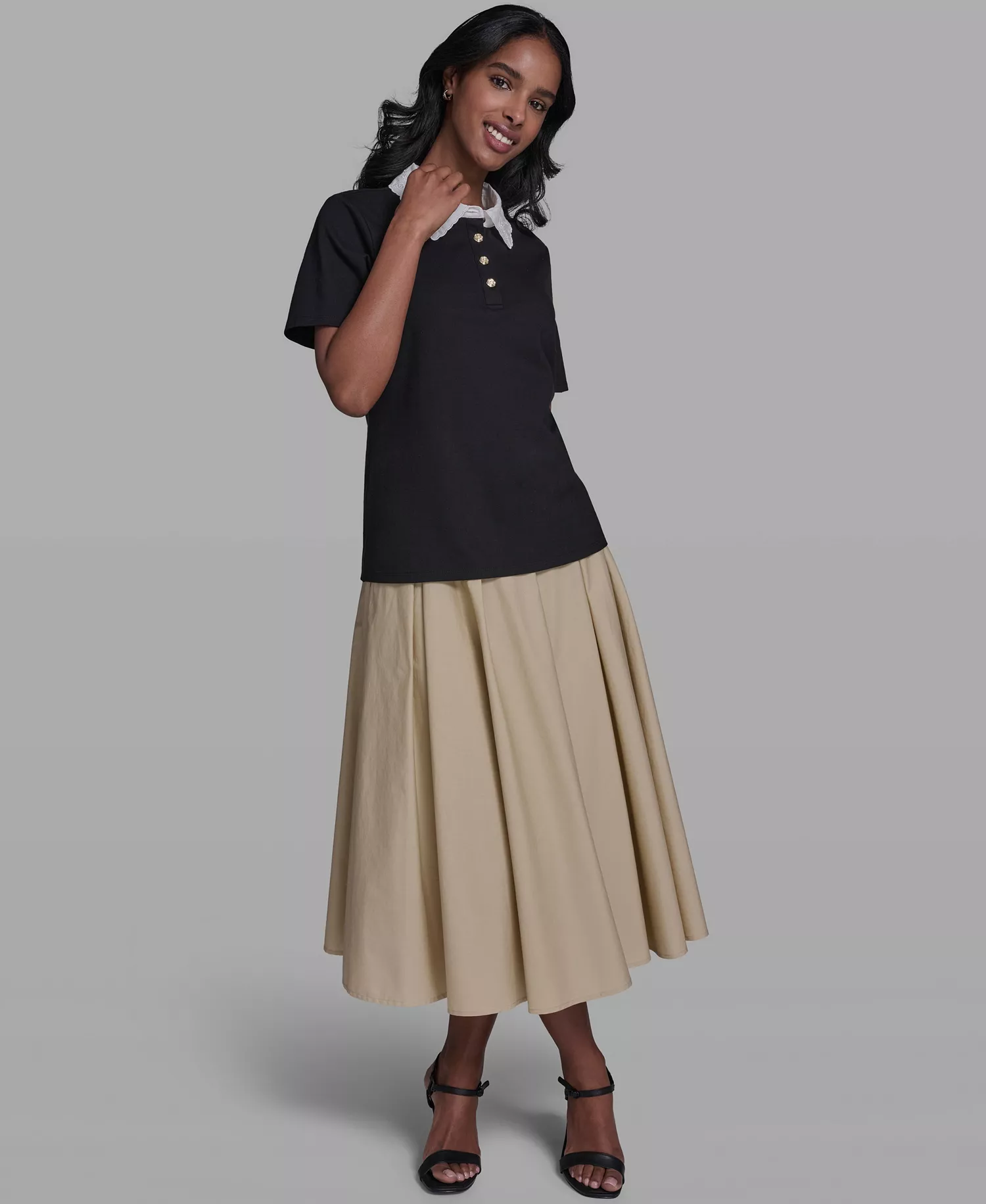 Women's Collared Short-Sleeve Blouse Top - Black - L