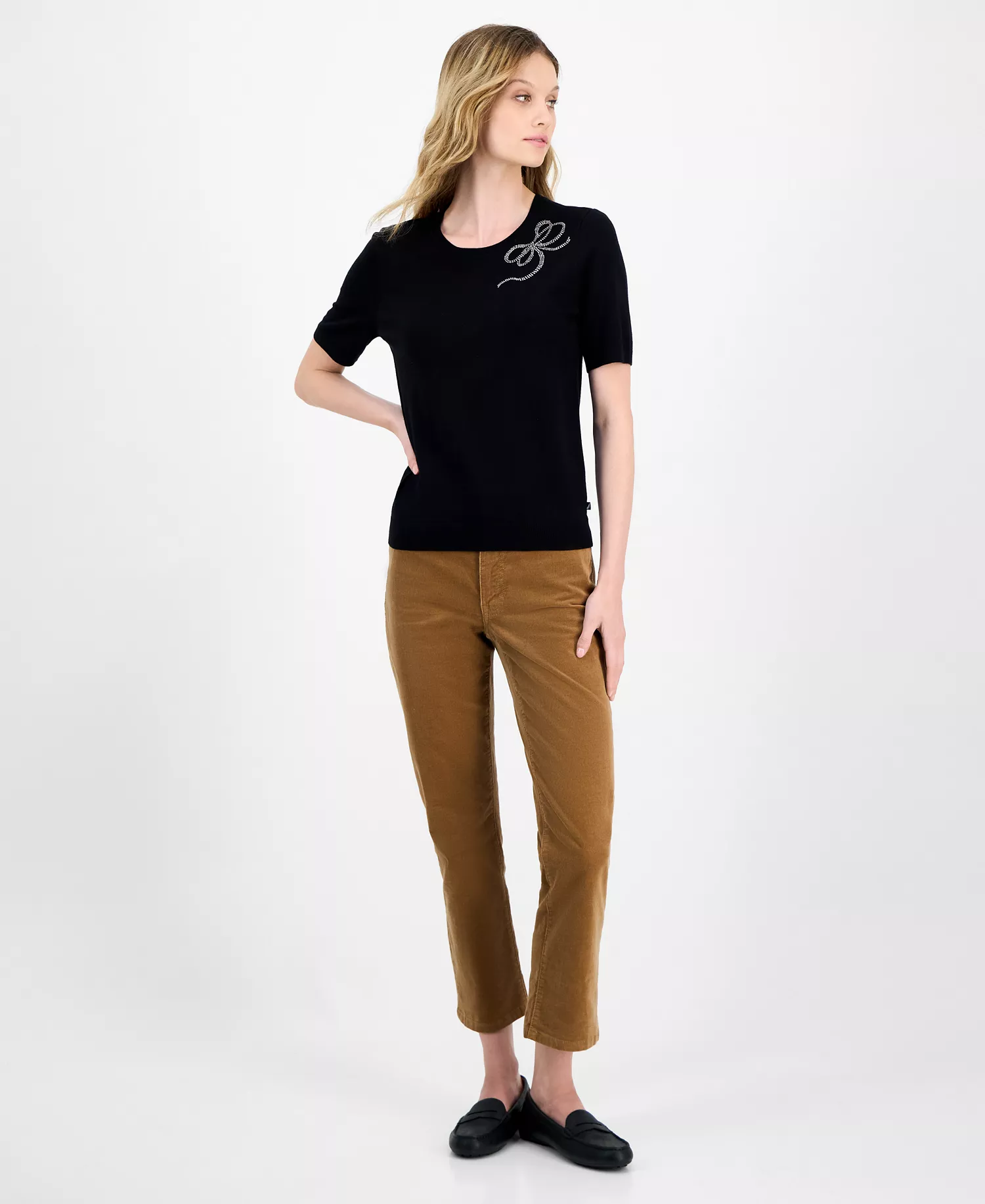 Nautica Women's Rhinestone-Bow Short-Sleeve Sweater - Black - L