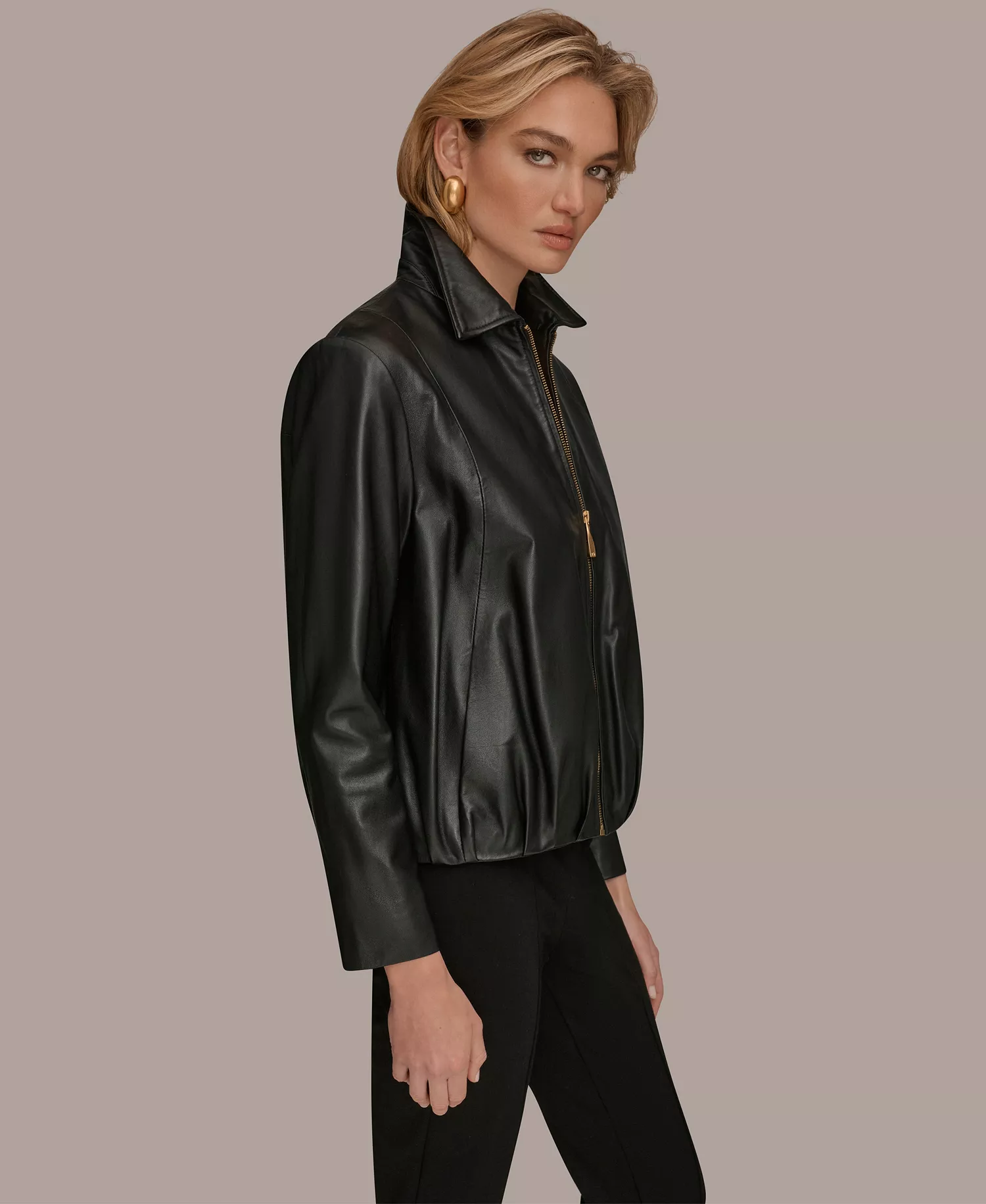 Women's Leather Bomber Jacket - Black - L