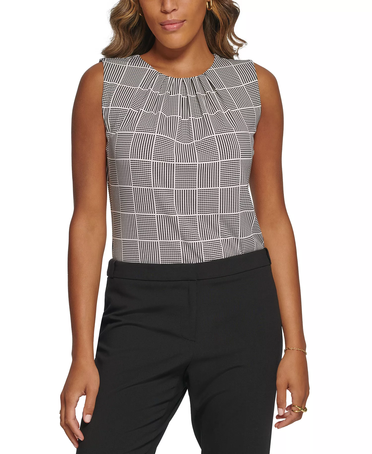 Printed Pleat-Neck Blouse, Regular and Petite Sizes - Black Cream - L