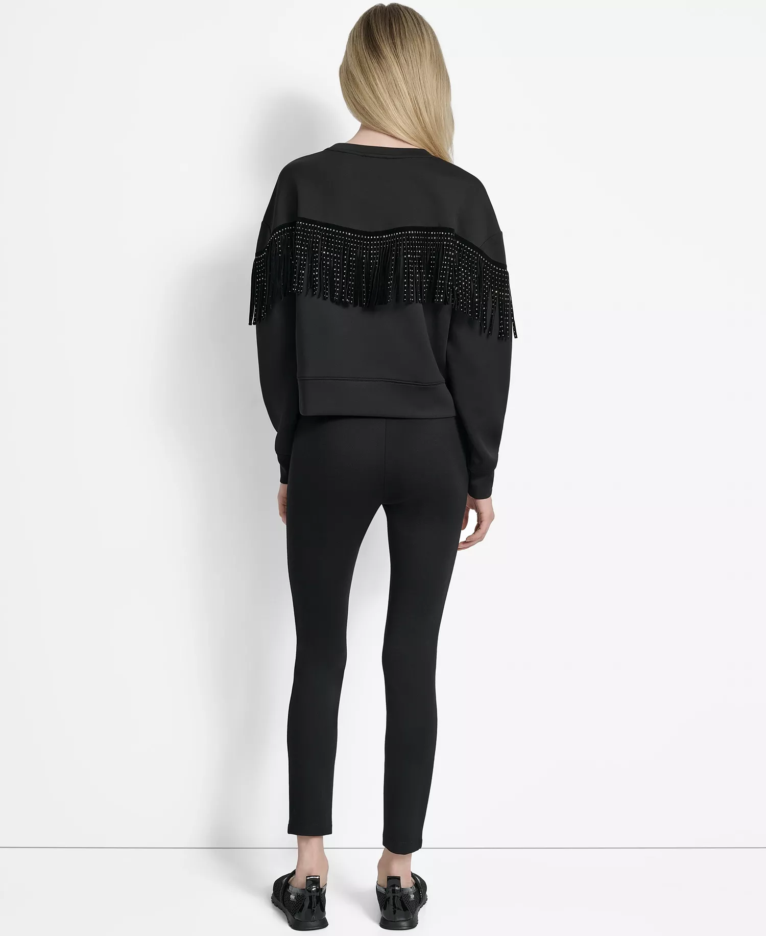 Women's Long Sleeve Studded Fringe Pullover  - Black - M