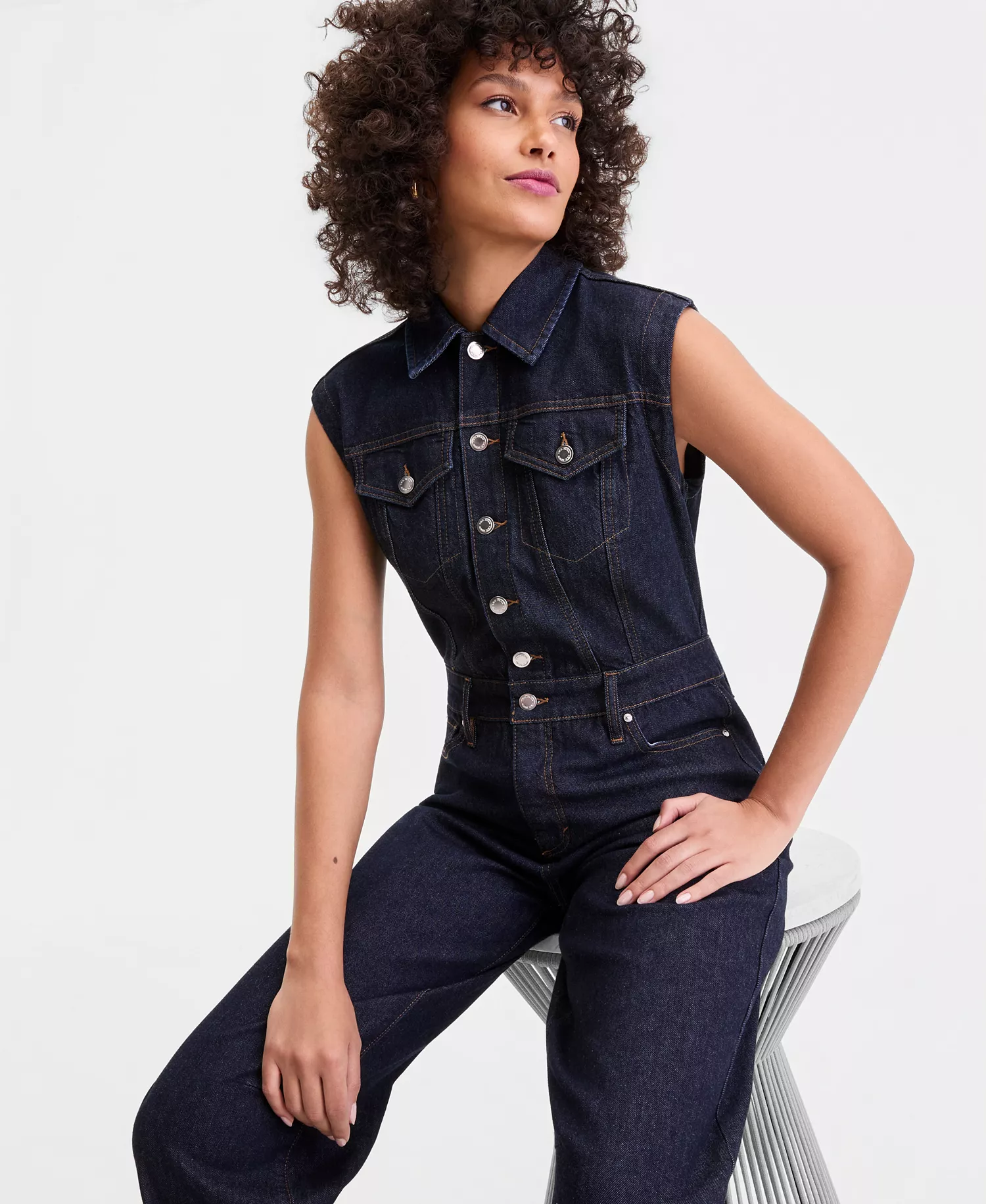 Women's Denim Barrel-Leg Sleeveless Jumpsuit, Macy's Exclusive - Hudson Wash - 0