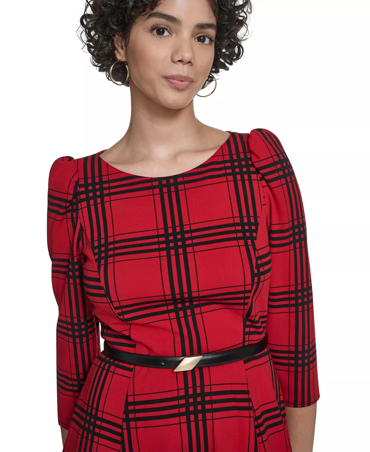 Women's 3/4-Sleeve Plaid Midi Dress - Medium Red - 10