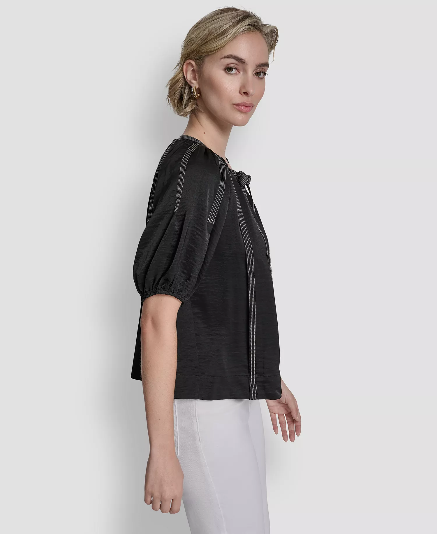 Women's Puff-Sleeve Top Stitch Tie Front Blouse - Black - L