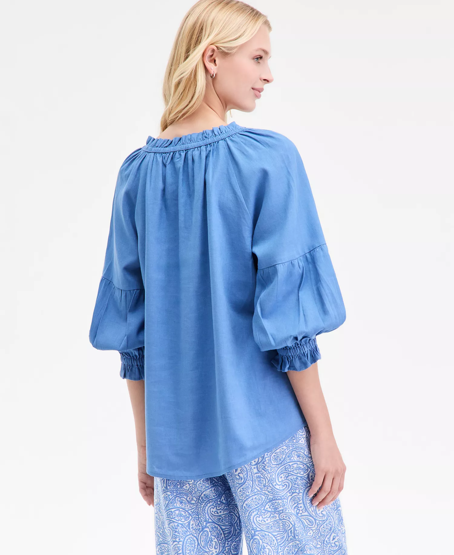 Nautica Women's Split-Neck Ruffled-Trim Blouse - Blue Haze - L