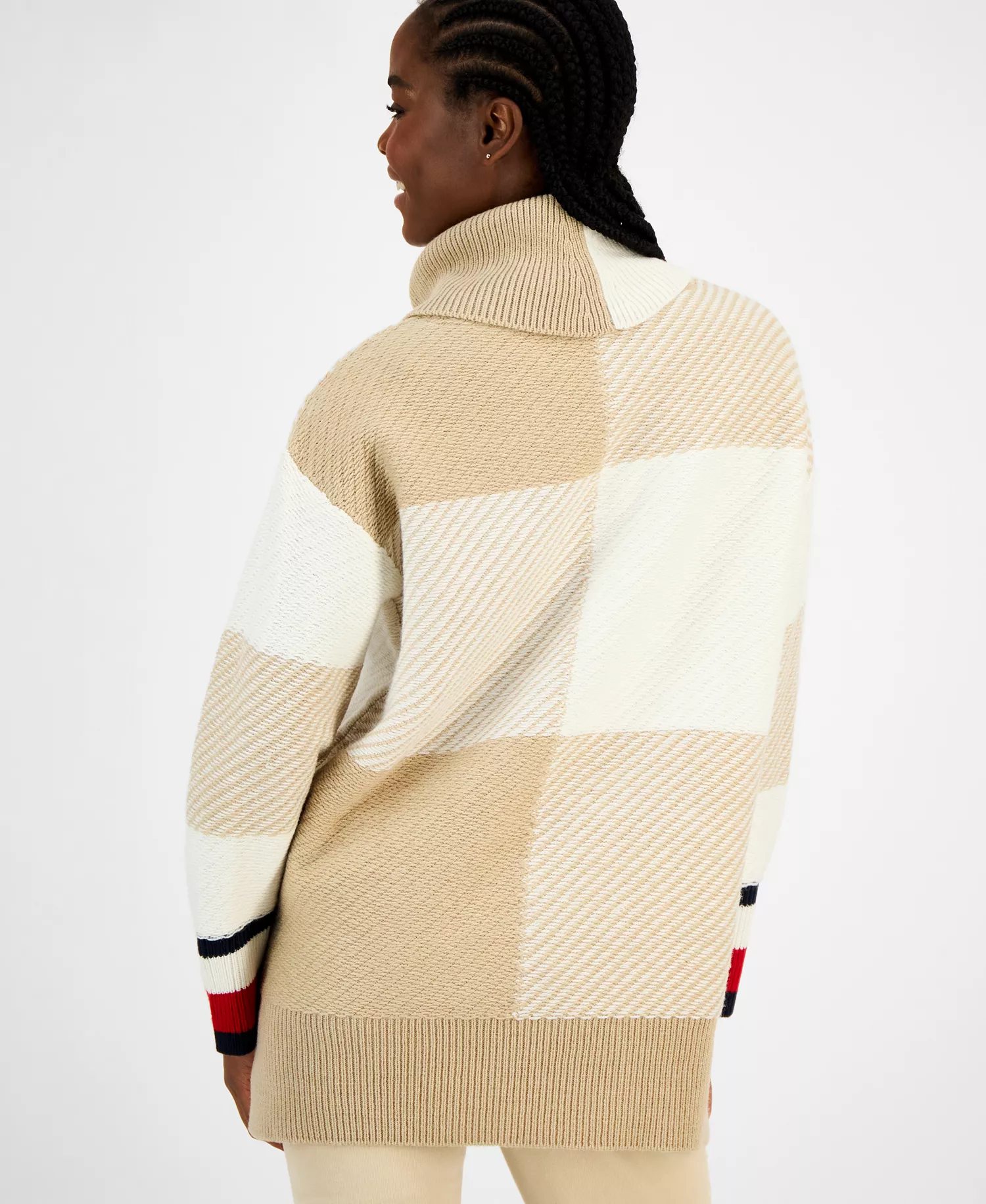 Women's Plaid Cowlneck Sweater  - Light Heather Fawn/ Ivory - L