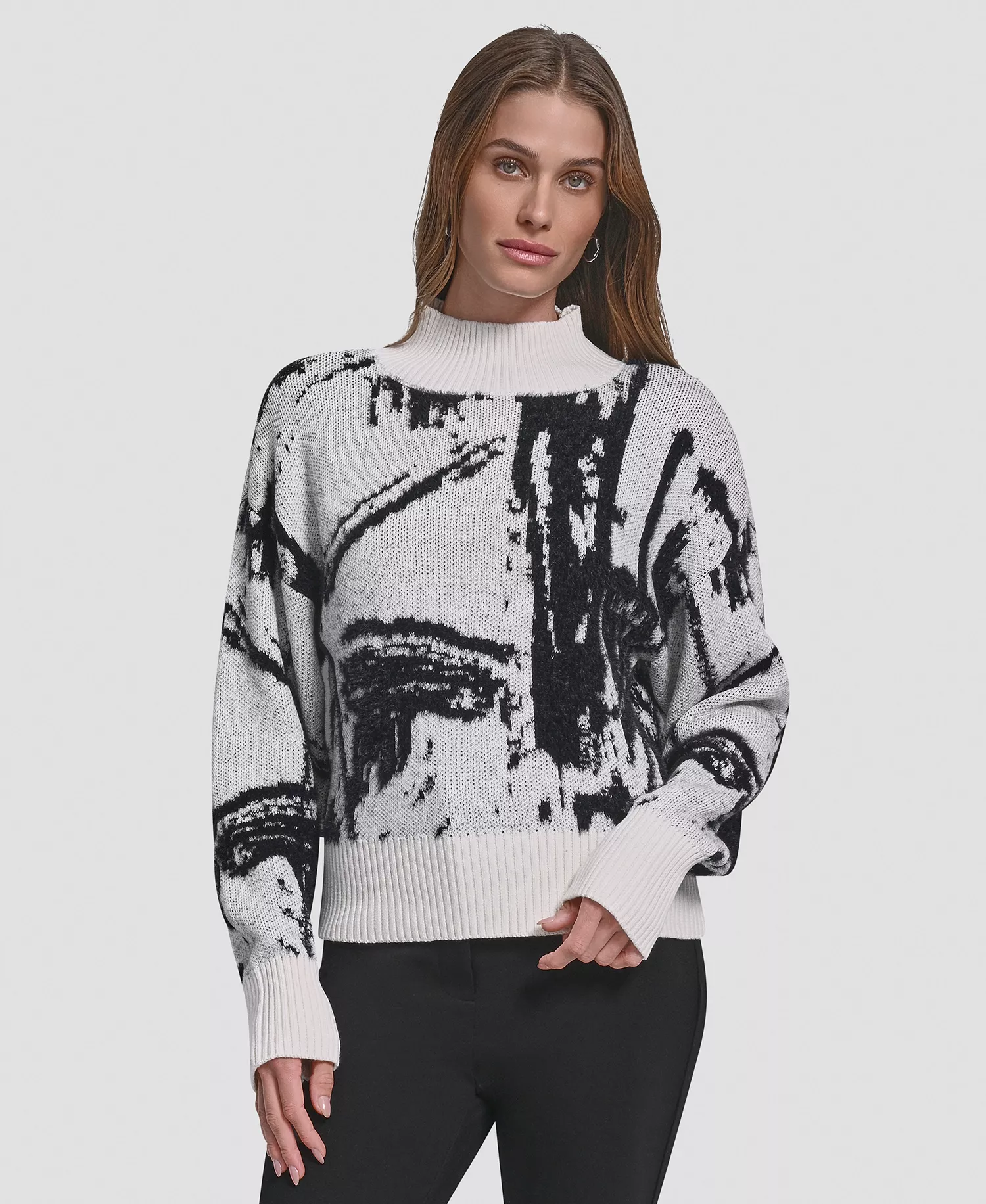 Women's Intarsia Oversized Pull On Sweater - Ivory/Black - XL