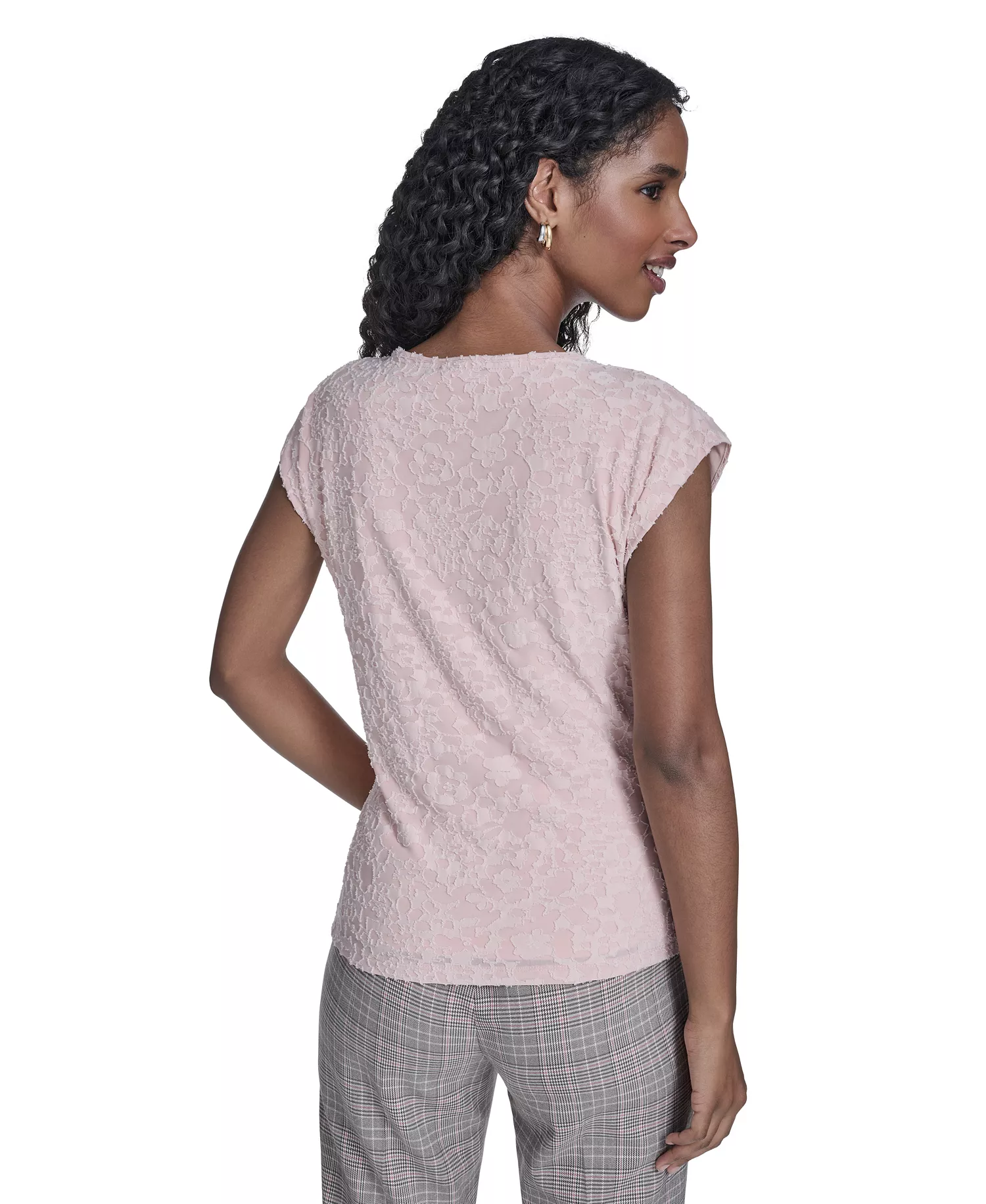 Women's Floral Clip Draped Crewneck Top - Evening Sand - L