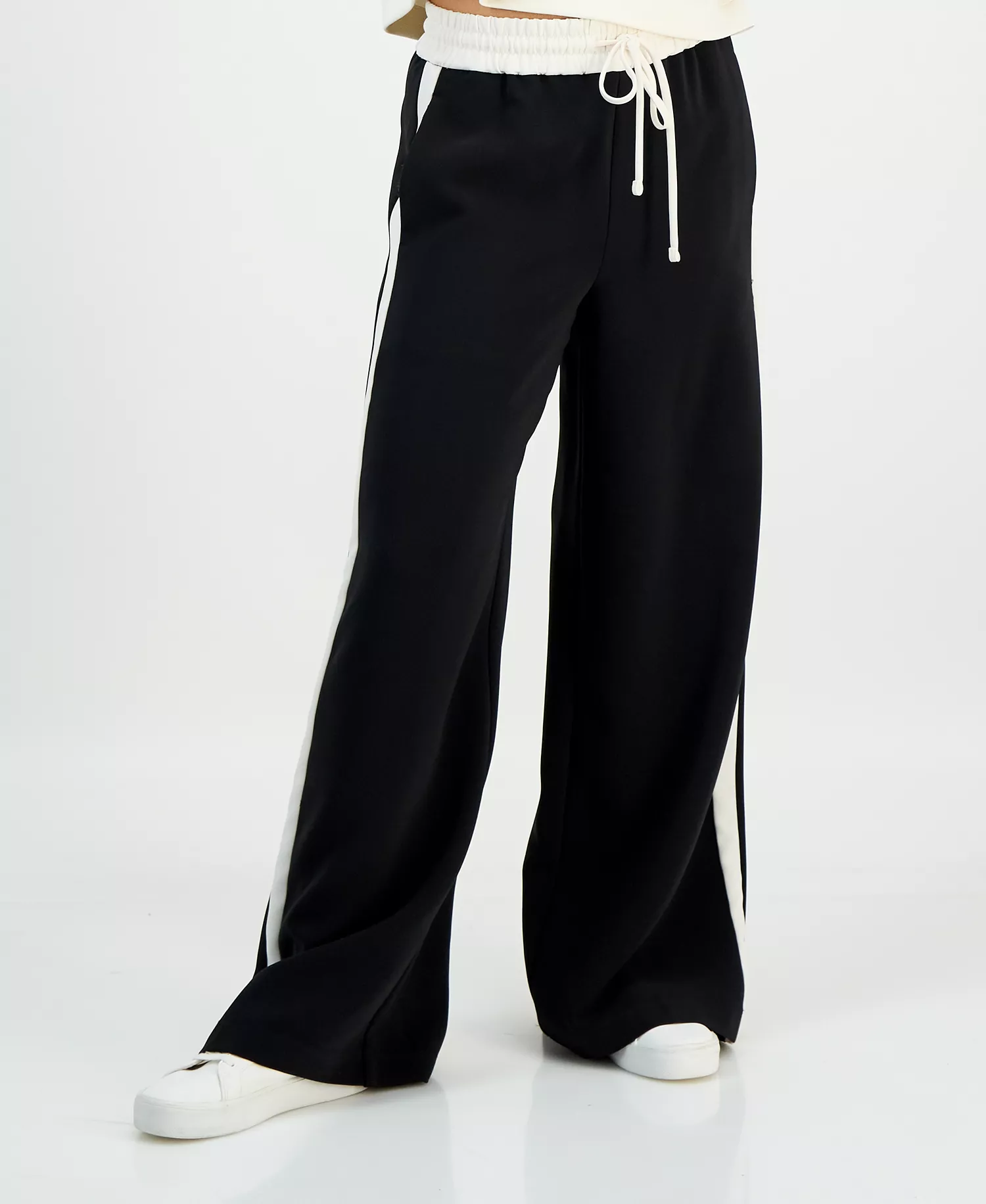 Petite Drawstring-Waist Side-Stripe Wide-Leg Pants, Macy's Exclusive - Deep Black - P/L