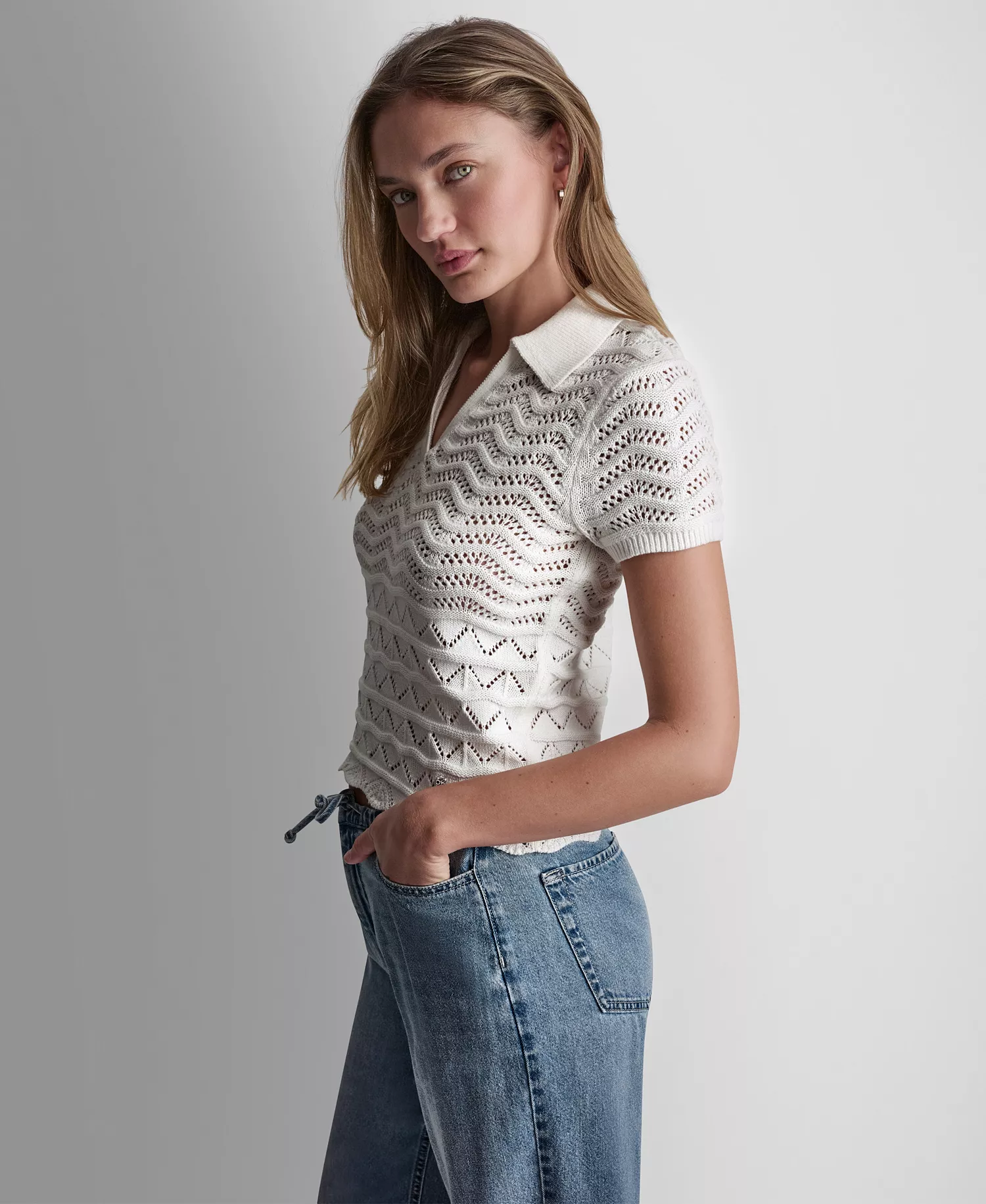 Petite Short-Sleeve V-Neck Polo Pointelle Sweater - Ivory - PL