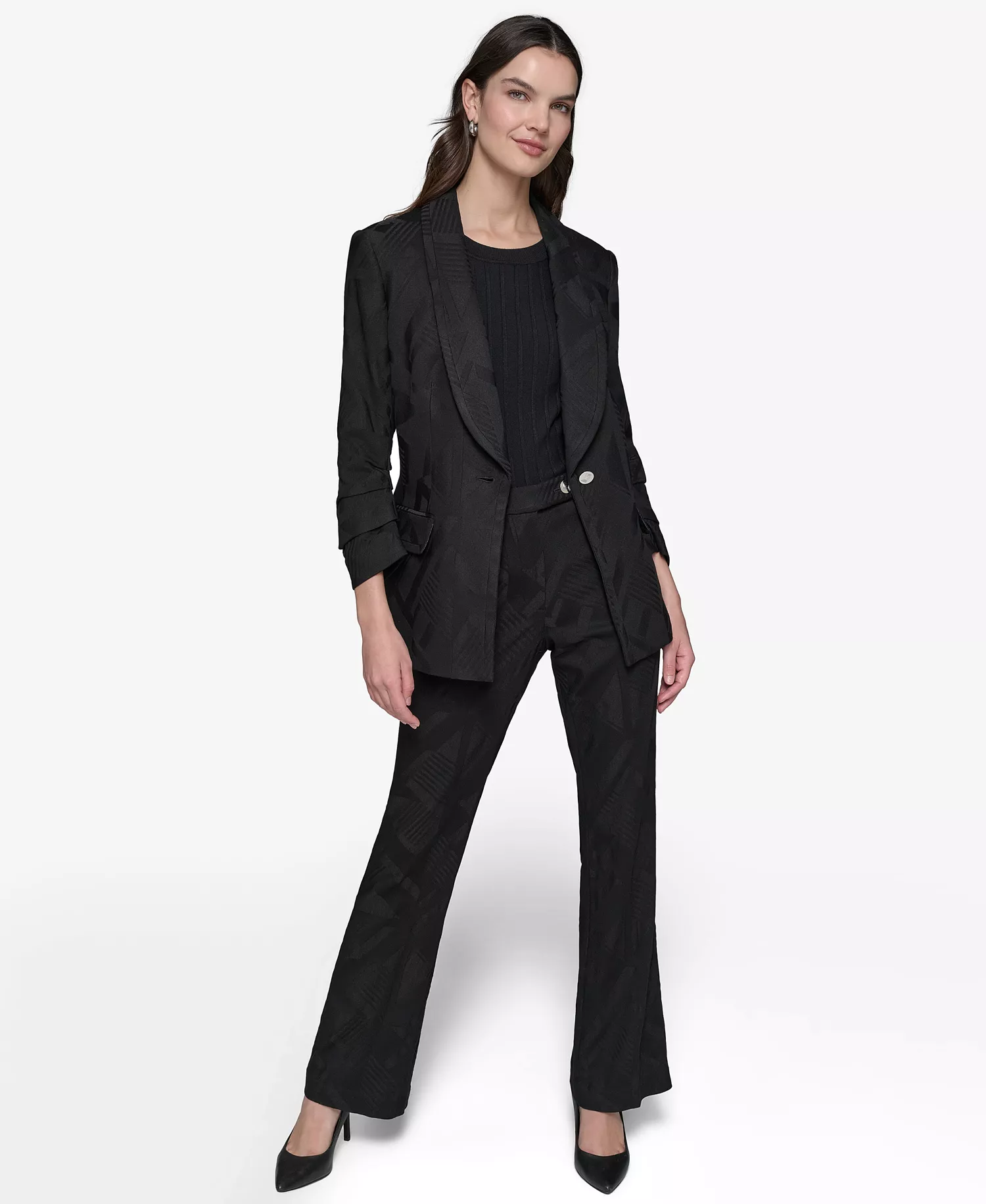 Jacquard Shawl-Collar Blazer, Tie-Neck Blouse & Jacquard Wide-Leg Pants - Black - 10