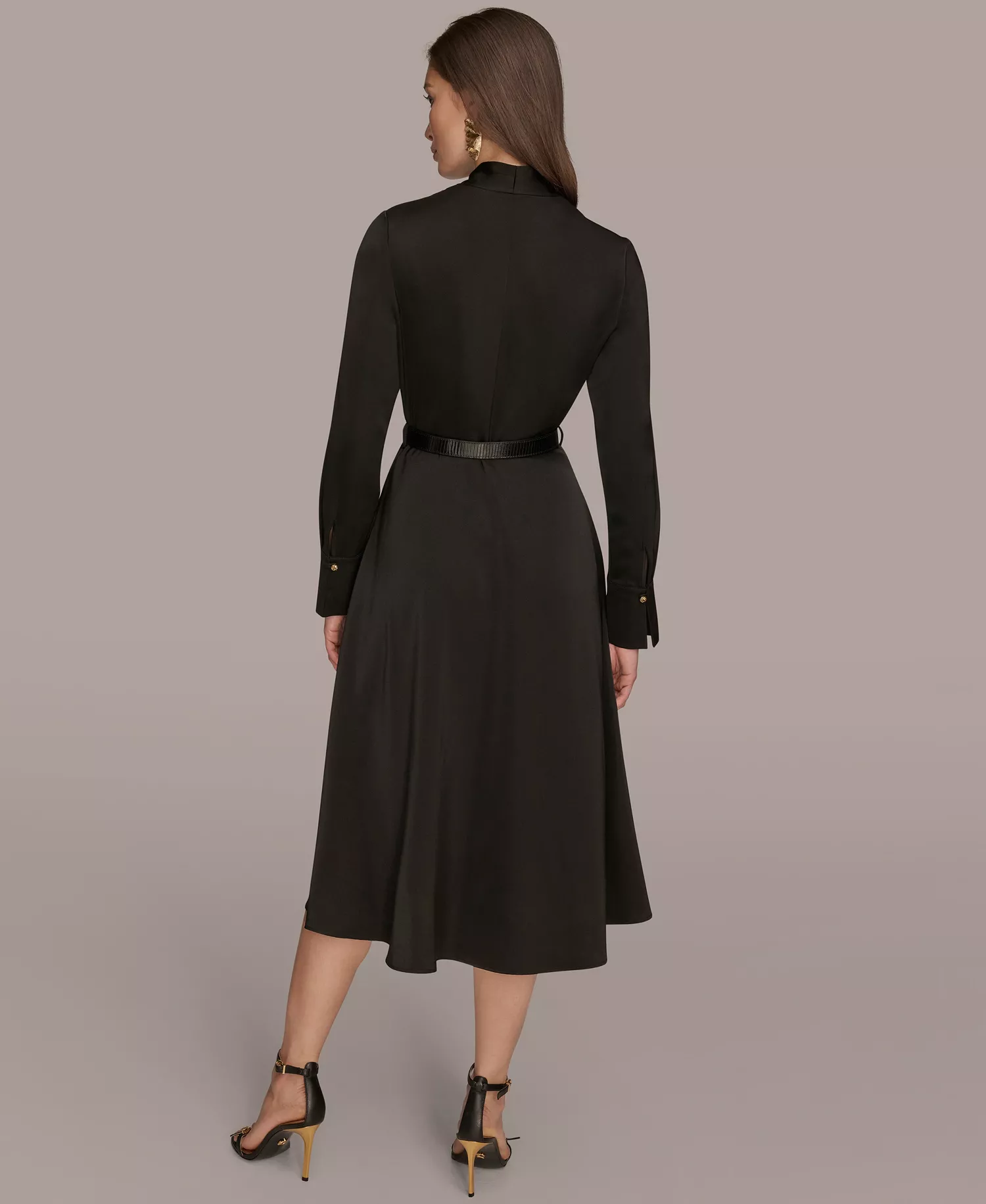 Women's Satin V-Neck Belted A-Line Midi Dress - Black - 4