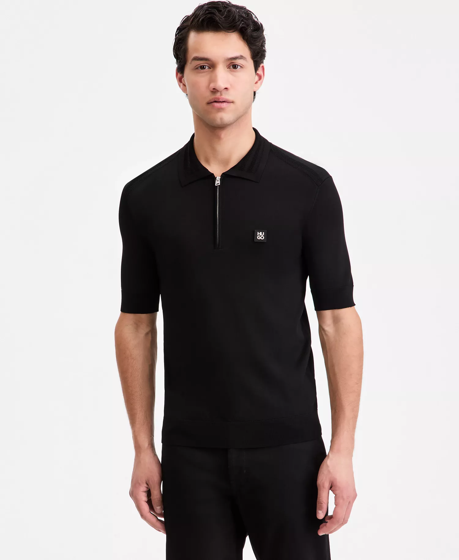 Men's Jacquard-Accent Half-Zip Polo Shirt - Black - 2XL