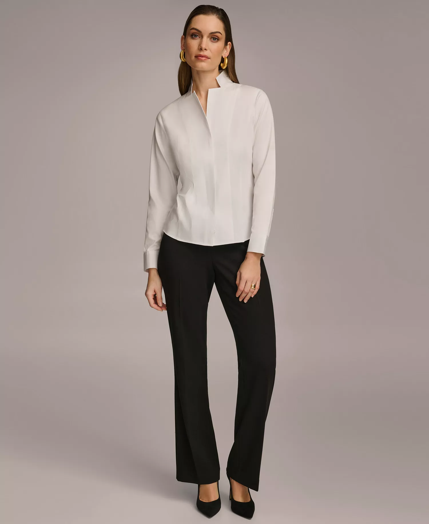 Women's Stand Collar Button Front Cotton Shirt - White - XS
