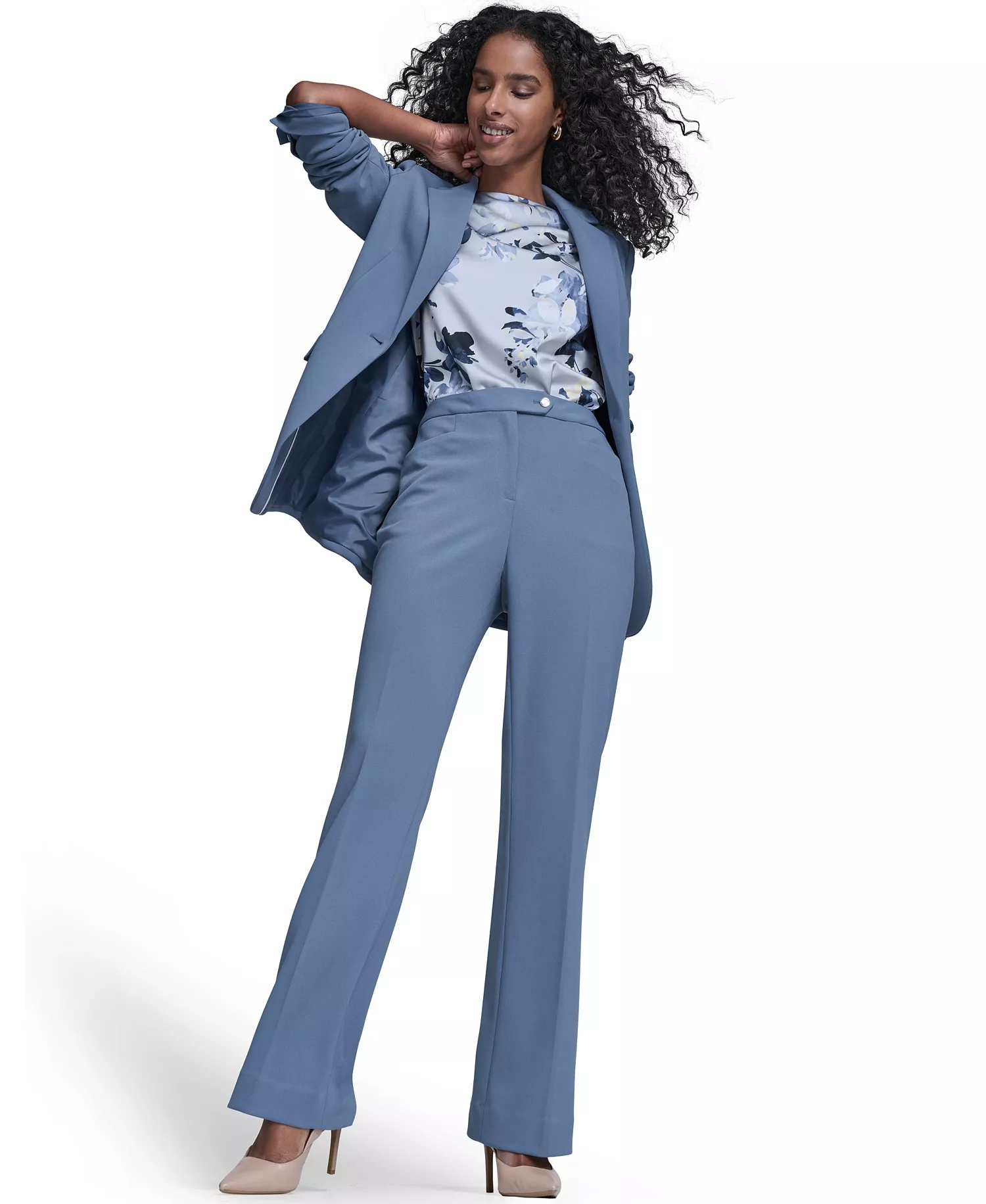 Women's Scuba Crepe One-Button Jacket, Crepe Pants, and Printed Sleeveless Charm Top - Flint - 10